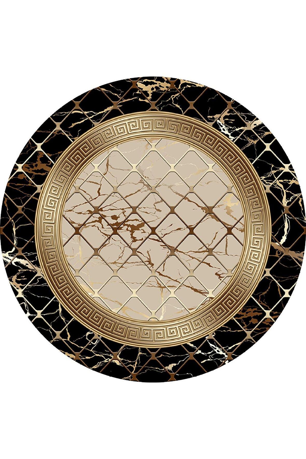 Siyah-Vizon Pvc Deri Kaymaz Taban Versace Yuvarlak Salon Saçaksız Halı B1278