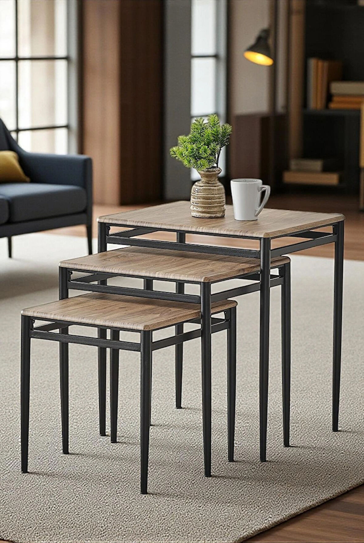 Damrin Serisi Traverten Desen 1. Sınıf Mebran MDF 3’lü Zigon Sehpa Takımı