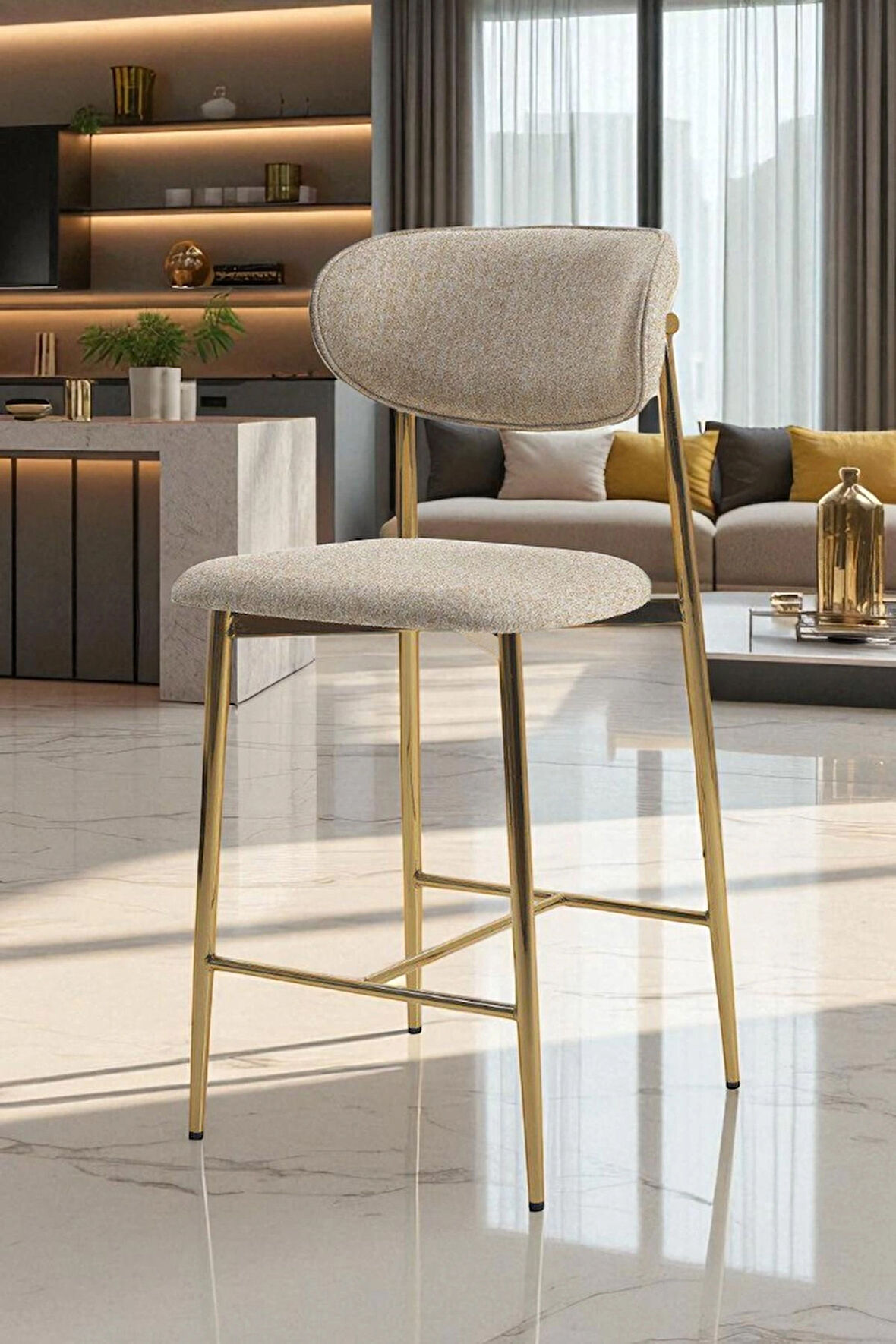 Hanev Serisi 1 Adet 75 Cm Krem Ada Mutfak Bar Sandalyesi Gold Kaplama Metal Ayak