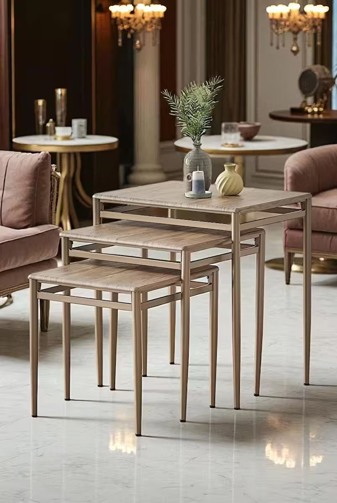 Damrin Serisi Ceviz Desen 1. Sınıf Mebran MDF Bronz Ayak 3’lü Zigon Sehpa Takımı