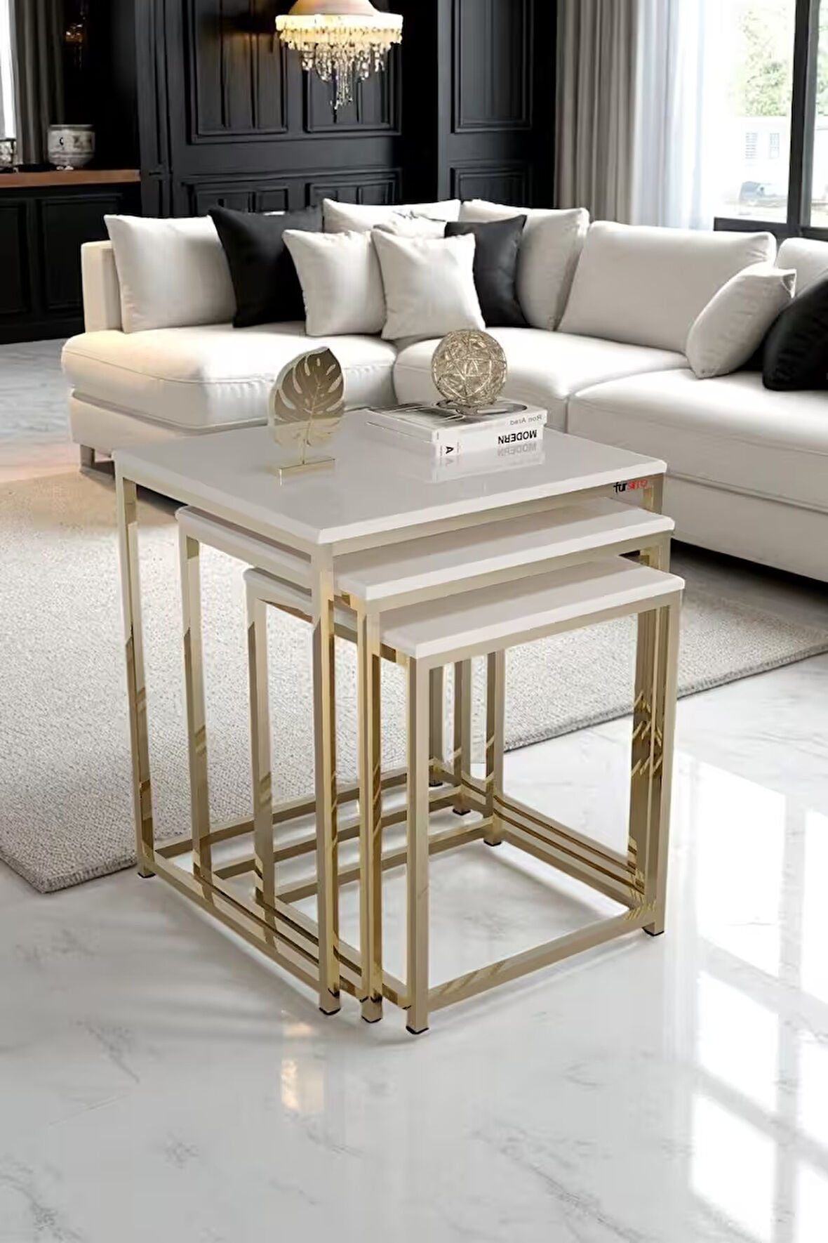 Vetro 3’lü Zigon Sehpa – Modern Metal Krom ve Parlak Siyah Mdf Yüzey