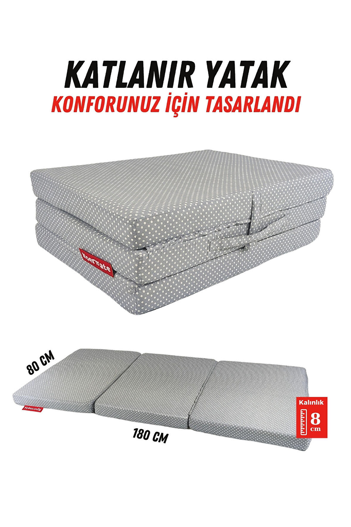 XPERMATE Katlanır Sünger Yatak, Yer Yatağı, Katlanır Yer Minderi, Misafir Yatağı 80x180x8 Gri Puantiyeli