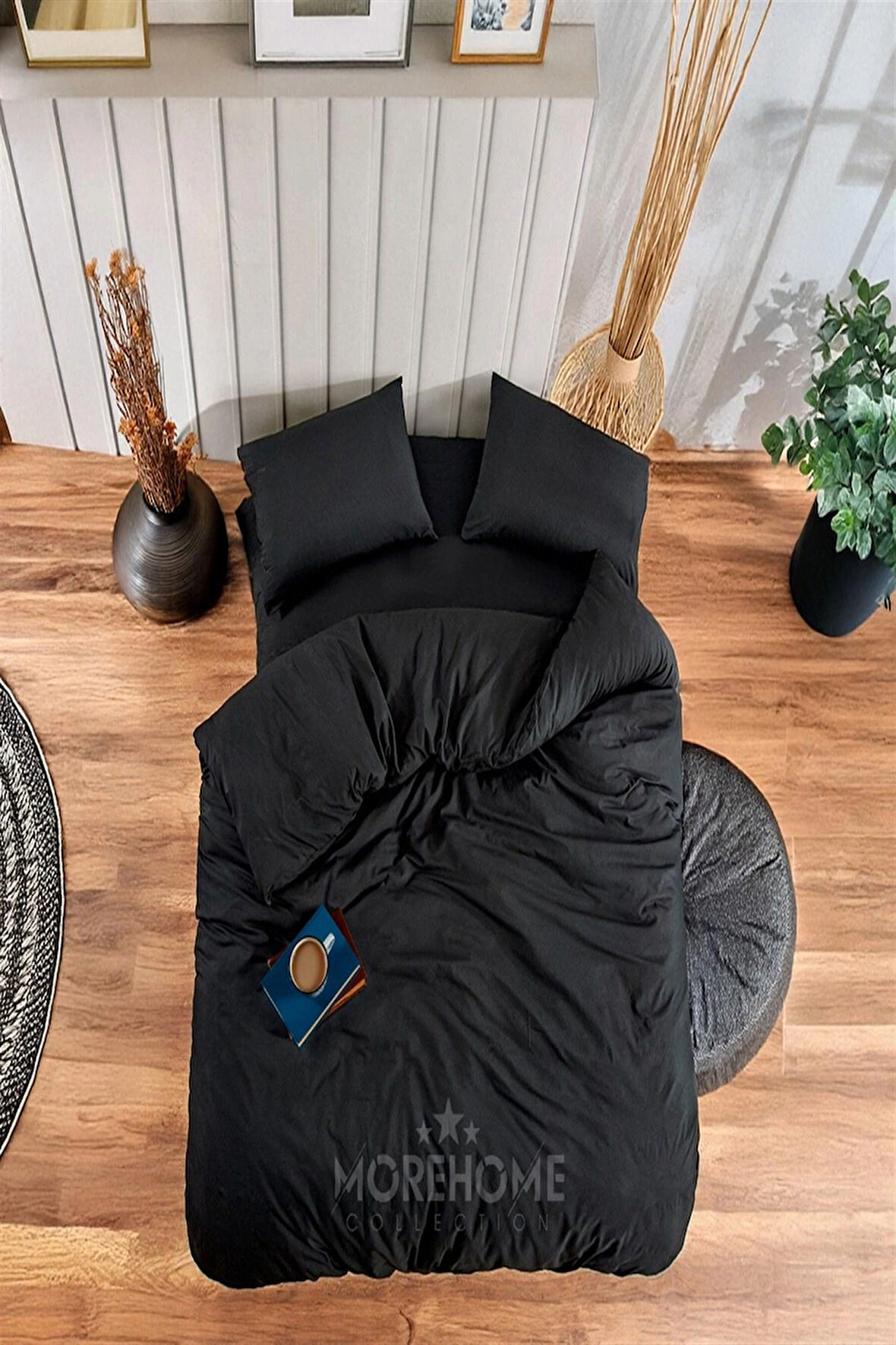 More Home  Tek  Kişilik Pamuklu Nevresim Takımı  Lastikli Çarşaflı  Siyah