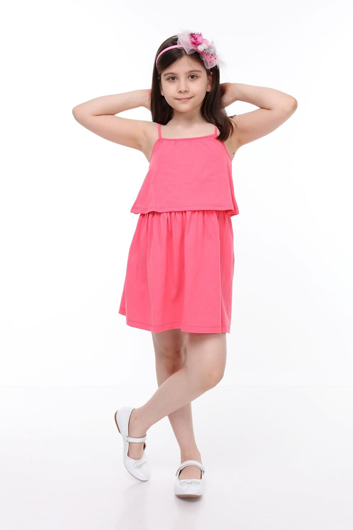 neslice Kız Çocuk Askılı Çift Katlı Elbise  3-4 Yaş-PEMBE