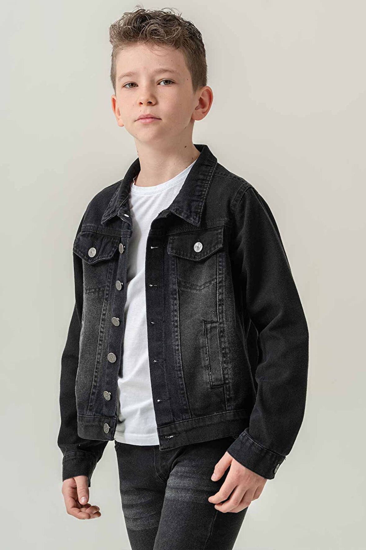 Çift Cepli Düğmeli Kot Erkek Çocuk Ceket