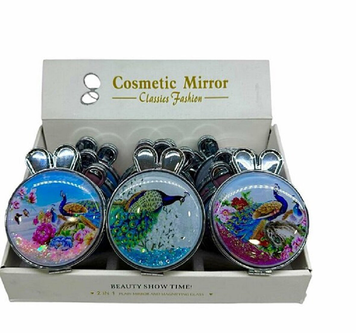 Tavus Kuşu Tasarımlı Simli Sulu Kozmetik Cep Çanta Aynası Kapaklı El Makyaj Aynası