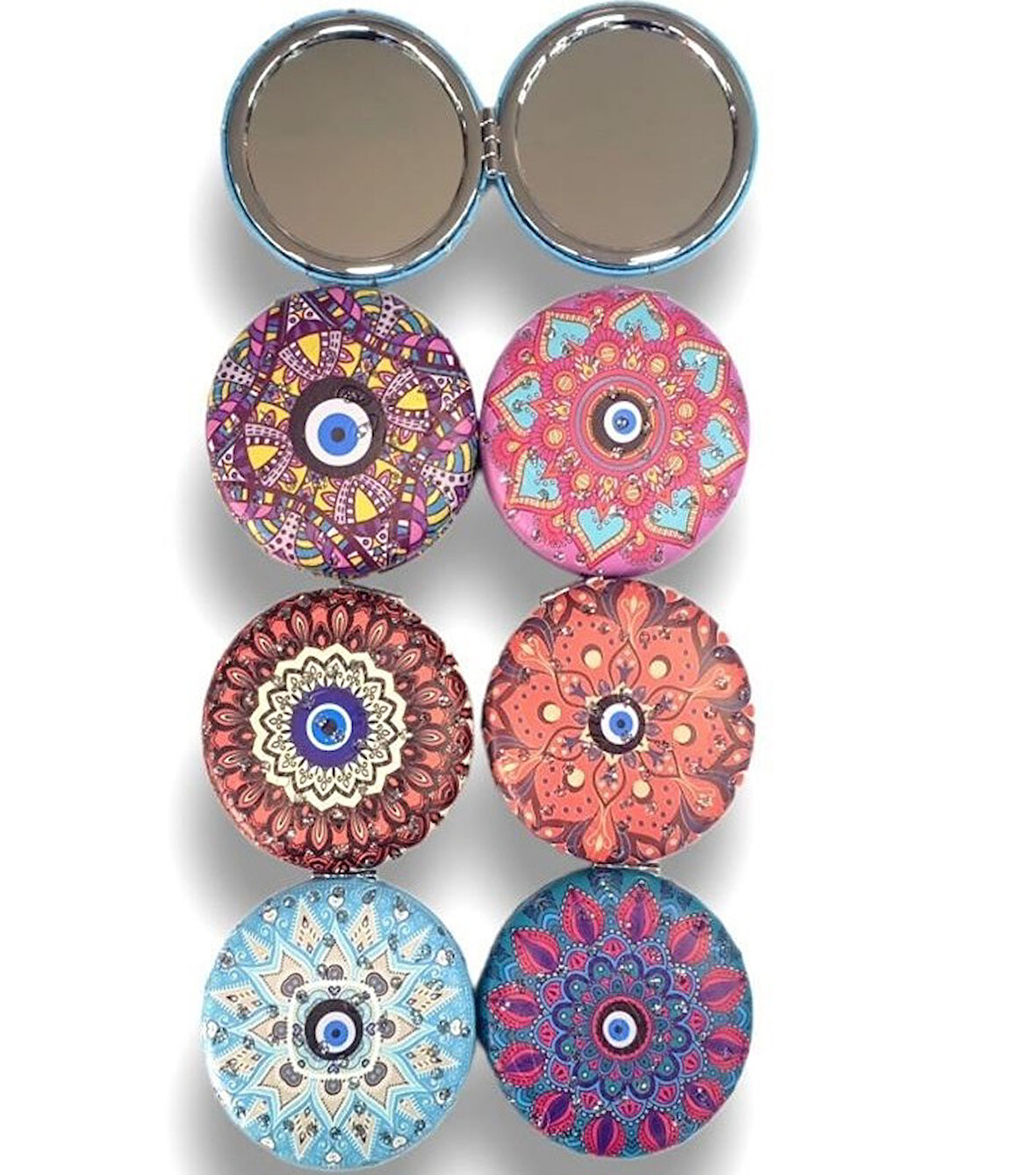 Otantik Mandala Tasarımlı Nazar Boncuklu Büyüteçli Kozmetik Yuvarlak Cep Çanta Aynası Kapaklı El Makyaj Aynası 7CM