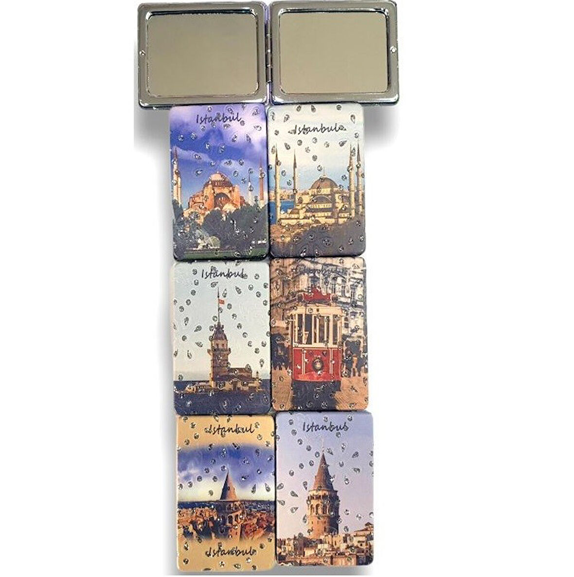 İstanbul Manzaralı Büyüteçli  Kozmetik Dikdörtgen Cep Çanta Aynası Kapaklı El Makyaj Aynası 