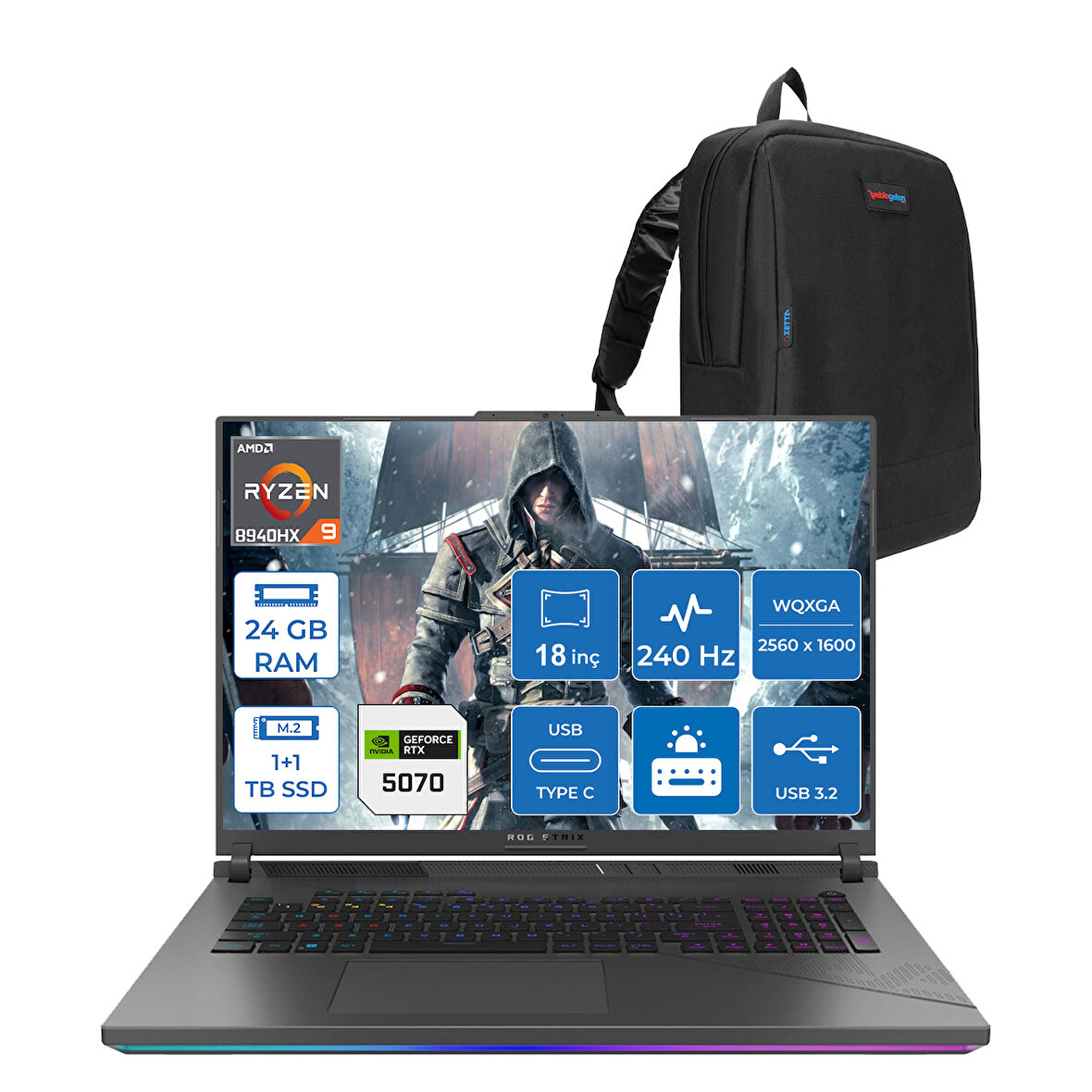 Asus Rog Strix G18 G814PP Amd Ryzen 9 8940HX Aı 24GB 1tb SSD +1tb SSD 8GB/RTX5070 Gddr7 115W 18"2.5k (2560 x 1600, Wqxga) 240Hz 3ms  Freedos Gaming Laptop WS9046F04+ZETTAÇANTA