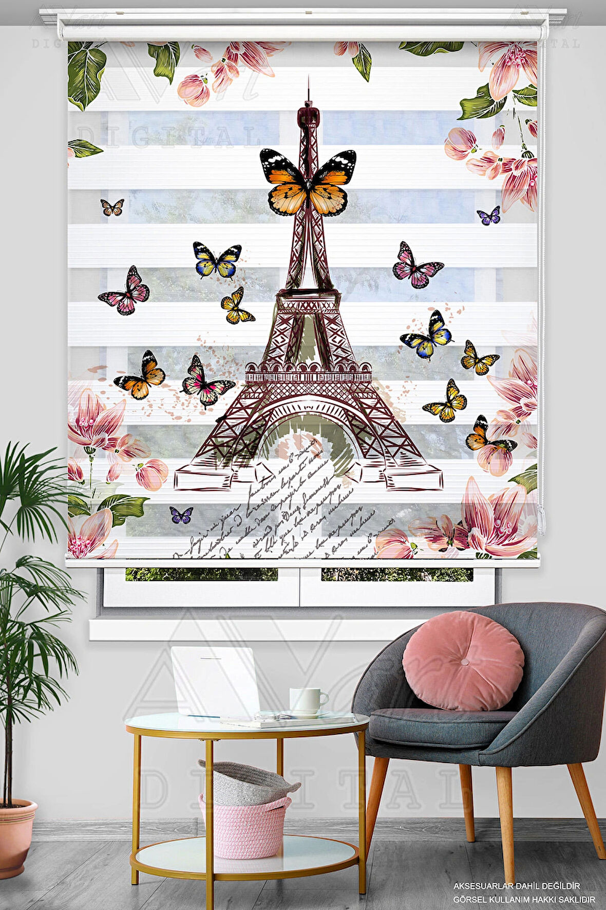 Eiffel Çiçek Baskılı Zebra Perde - Genç Odası Perdesi -  Dijital Baskılı Zebra Stor Perde