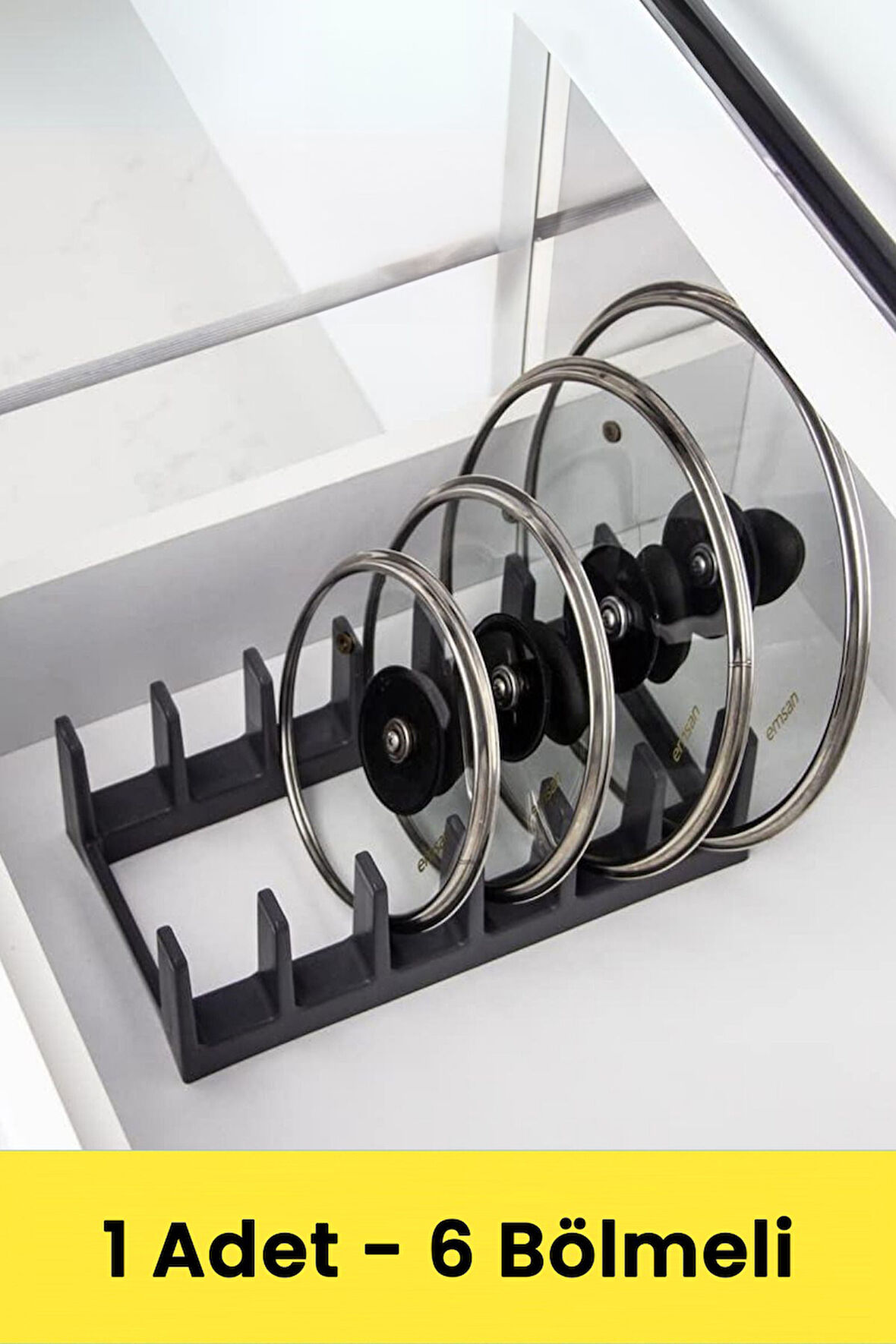 Çok Amaçlı Tabak Tava Tencere Kapağı Düzenleyici – Plastik Çekmece & Dolap İçi Organizer (Gri)