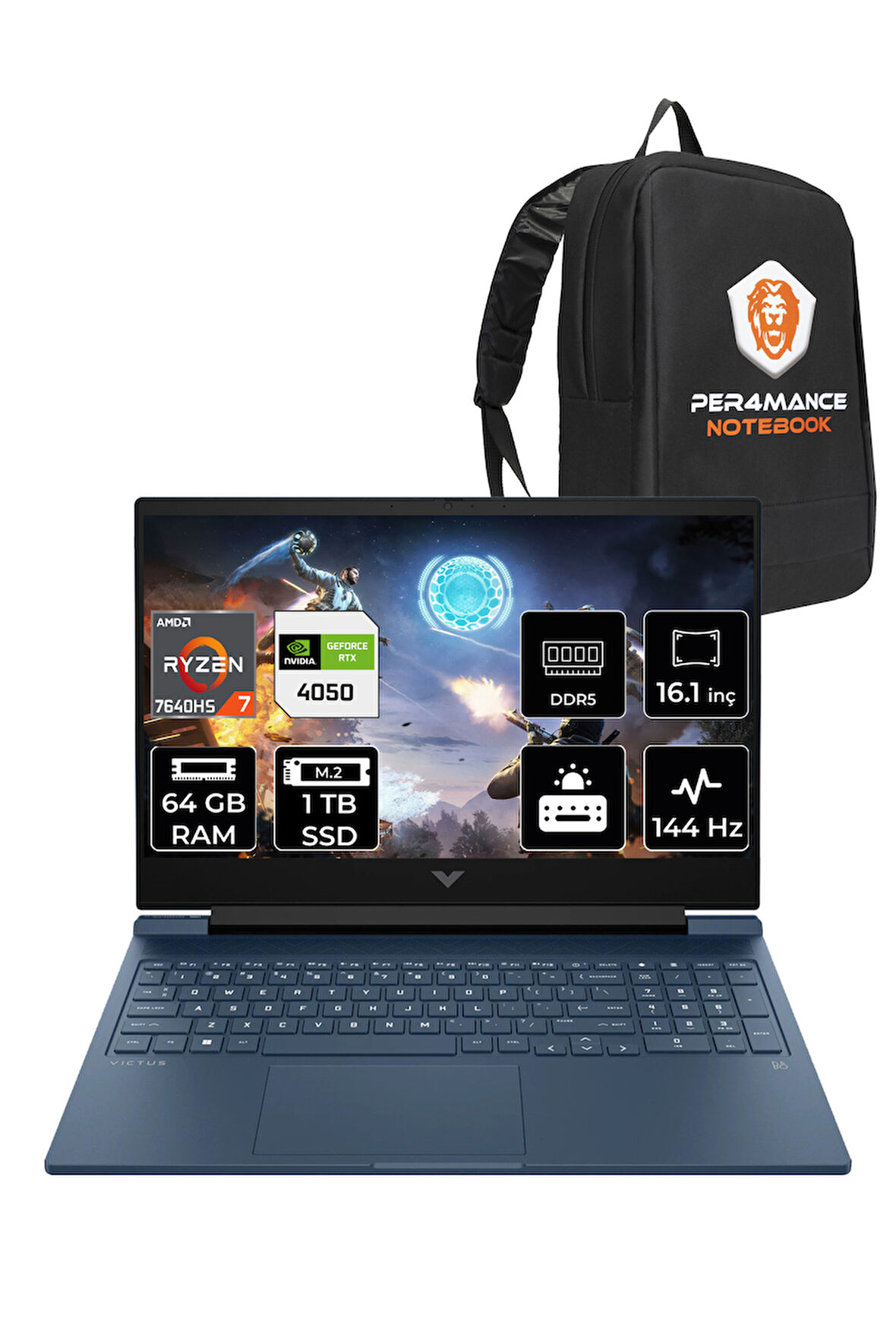 HP Victus 16 R7 7840HS 64GB RAM 1TB SSD RTX4050/6GB 144Hz 16.1'' FHD FDOS Gaming Laptop & PER4 ÇANTA