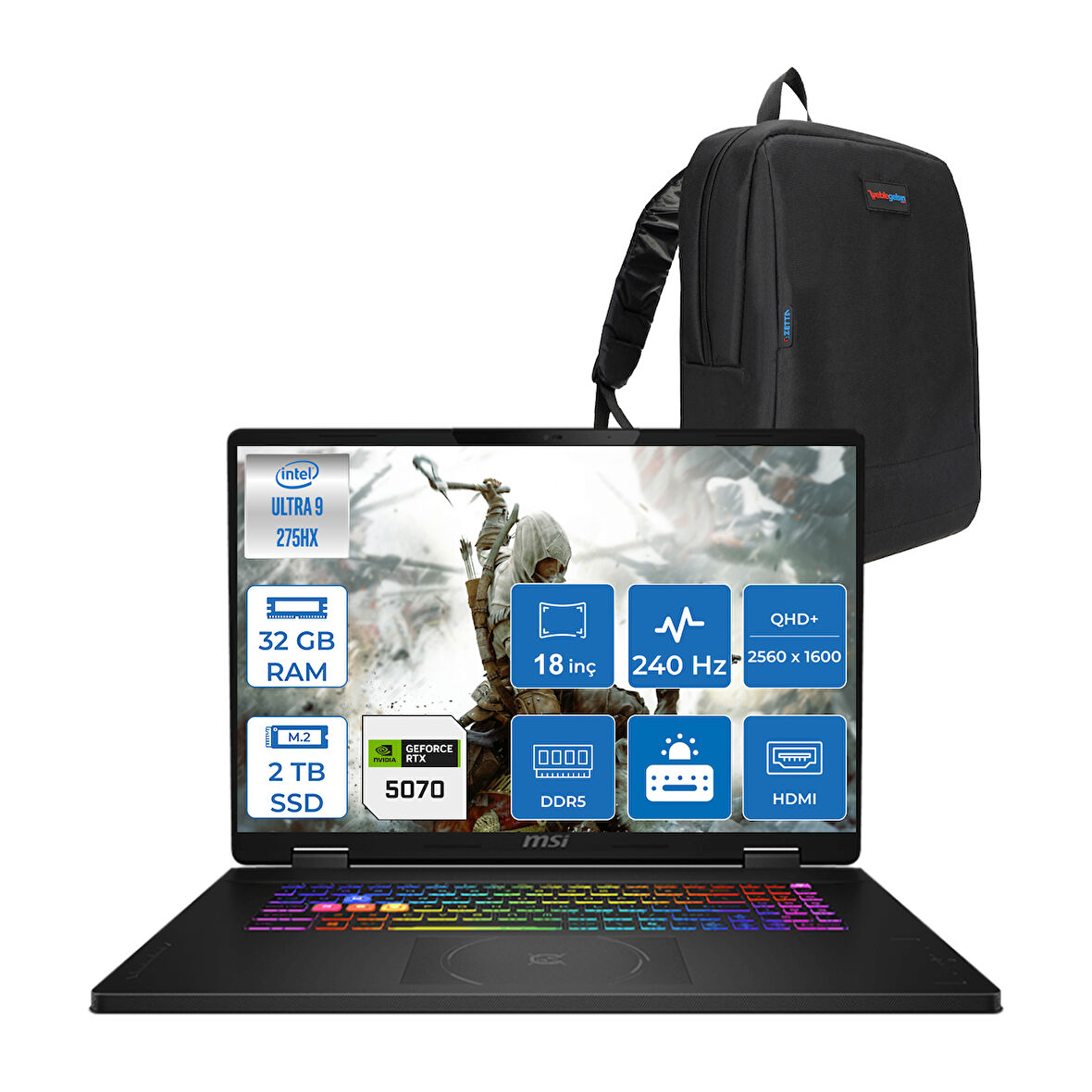 Msı Crosshaır 18 Hx Aı A2XWGKG-032XTR Intel Core Ultra 9-275HX Aı 32GB 2tb SSD 8GB/RTX5070 Gddr7 115W 18"2.5k (2560 x 1600, Wqxga) 240Hz  Freedos Taşınabilir Bilgisayar W032XTRF13+ZETTAÇANTA
