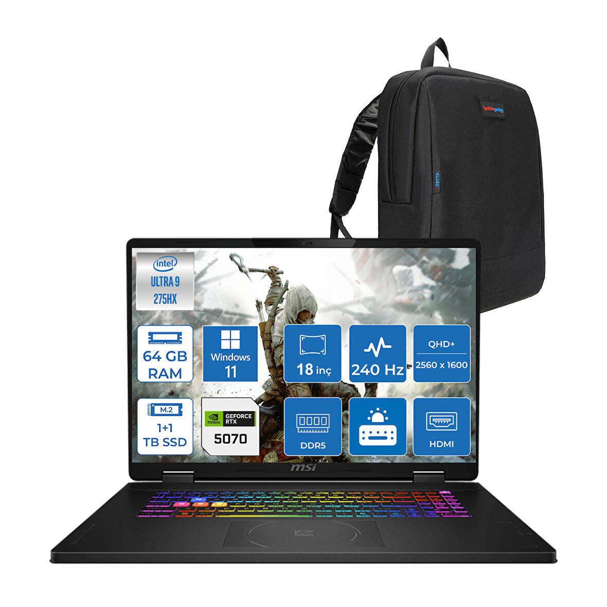 MSI Crosshaır 18 Hx Aı A2XWGKG-032XTR Intel Core Ultra 9-275HX Aı 64GB 1tb Ssd+1tbssd 8GB/RTX5070 Gddr7 115W 18"2.5k (2560 x 1600, Wqxga) 240Hz  WINDOWS11HOME Gaming Laptop W032XTRH28+ZETTAÇANTA