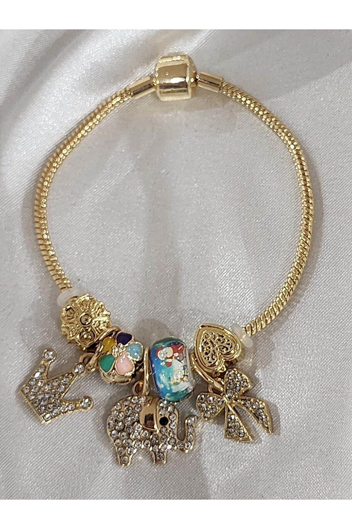 Gold Fiyonk,fil,kral Tacı Taşlı Çelik Bileklik