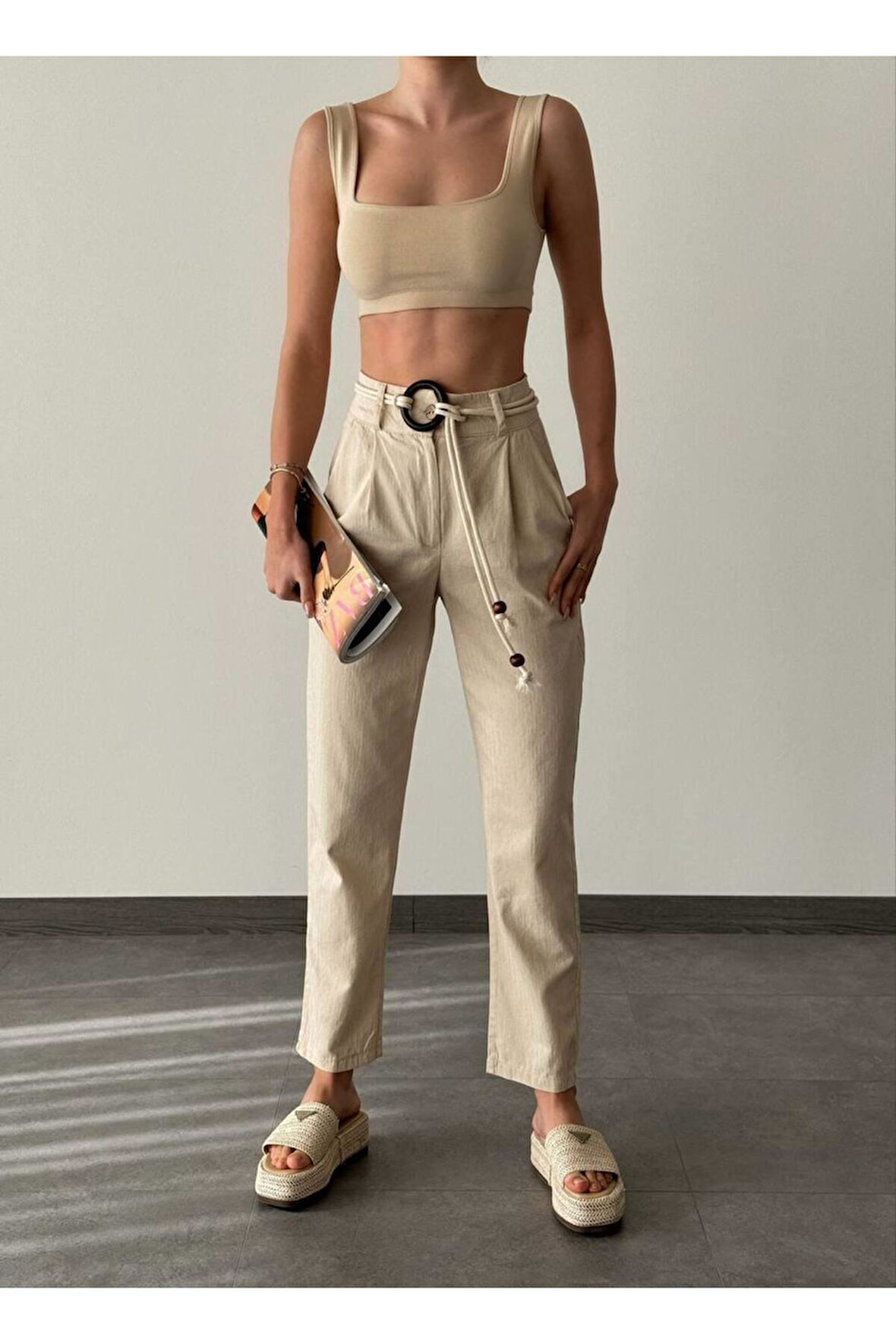 %100 Pamuk Kemerli Keten Dar Paça Kısa Kadın Pantolon