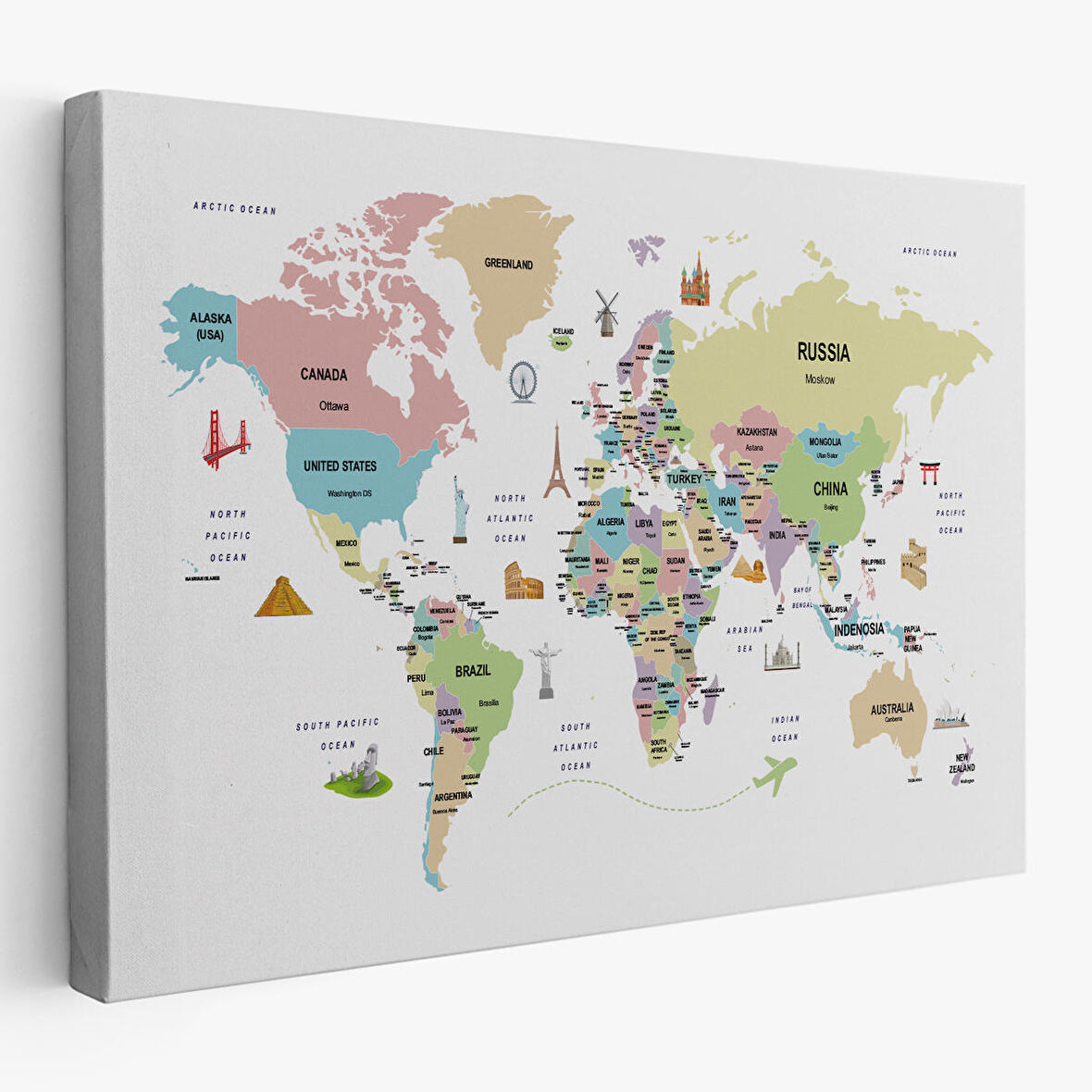 Harita Sepeti Dünya Haritası Dekoratif Kanvas Tablo Ülke ve Başkentli Öğretici ve Sembollü 2307