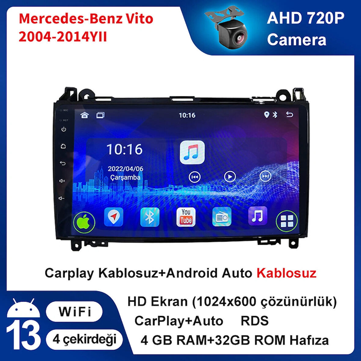 Mercedes-Benz Vito 2004-2014 Yıl 4GB Ram 32GB Hafıza 9 İnç Android 14 Cihaz Kablosuz Carplay Kablosuz Android Auto Multimedya Navigasyon Double Teyp Araç Monitor Ekran