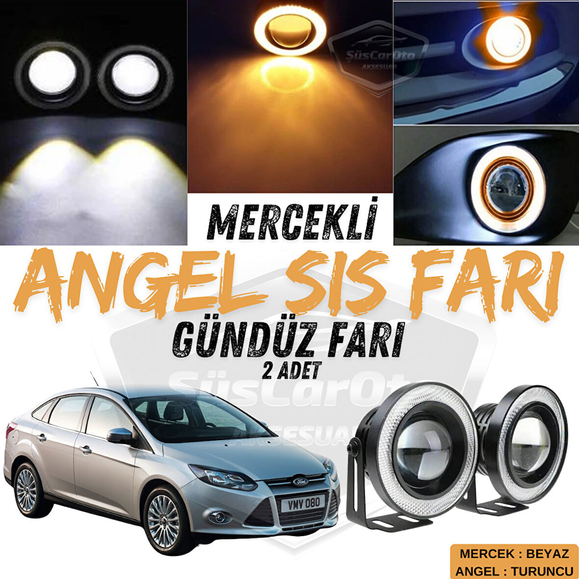 Ford Focus 3 2011-2014 Uyumlu Üniversal Mercekli Angel Sis Farı Metal Su Geçirmez 76 mm Turuncu Halkalı Gündüz Farı Angel Eyes 2 Adet