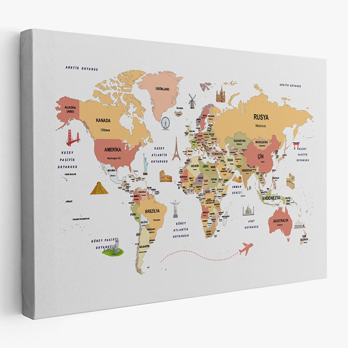 Harita Sepeti Türkçe Dünya Haritası Kanvas Tablo Ülke-Başkentli Öğretici ve Sembollü 2308