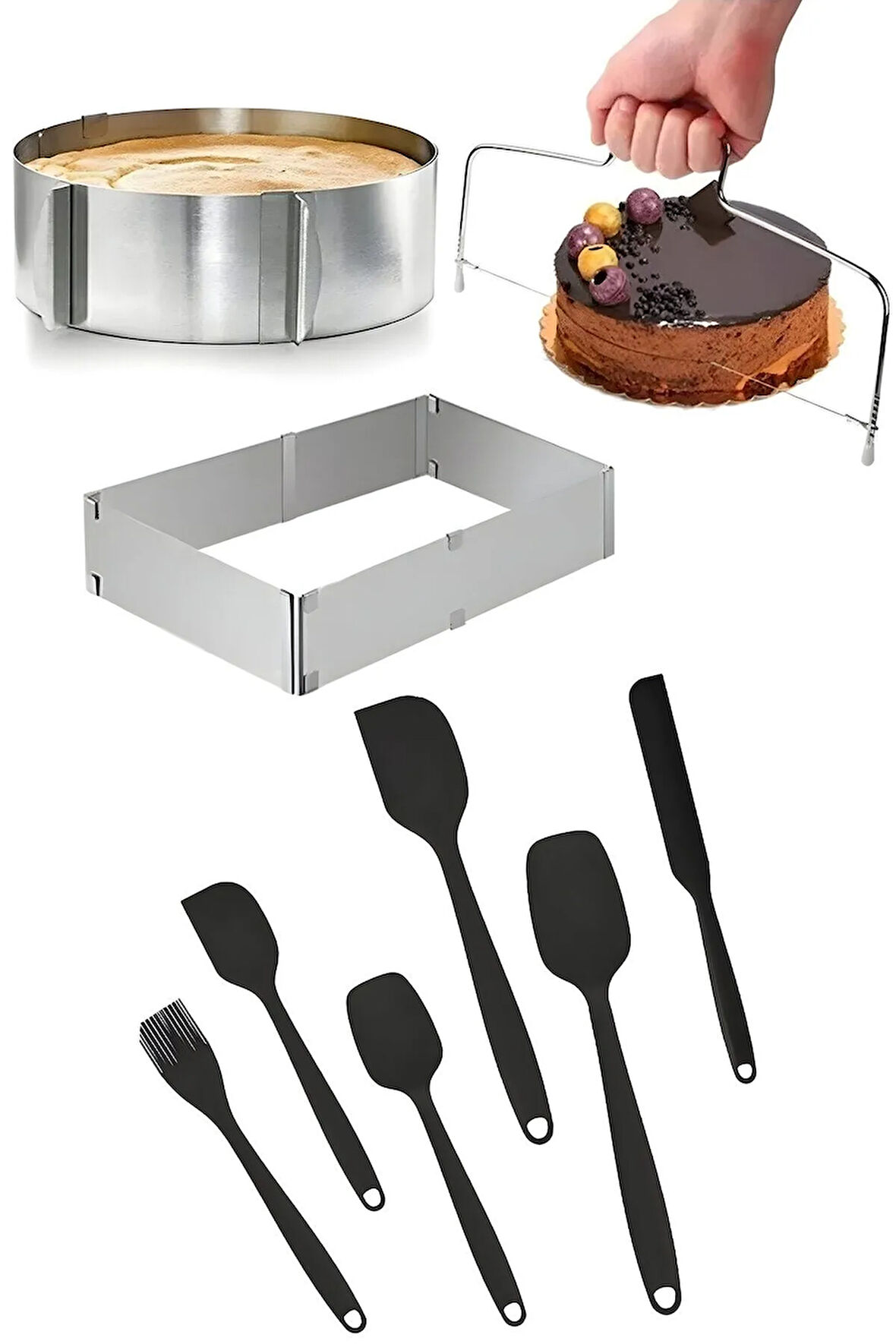 9 Parça Pasta Seti; Ayarlanabilir Kare ve Yuvarlak Kek Kalıbı, 6'lı Silikon Pasta Spatula Seti