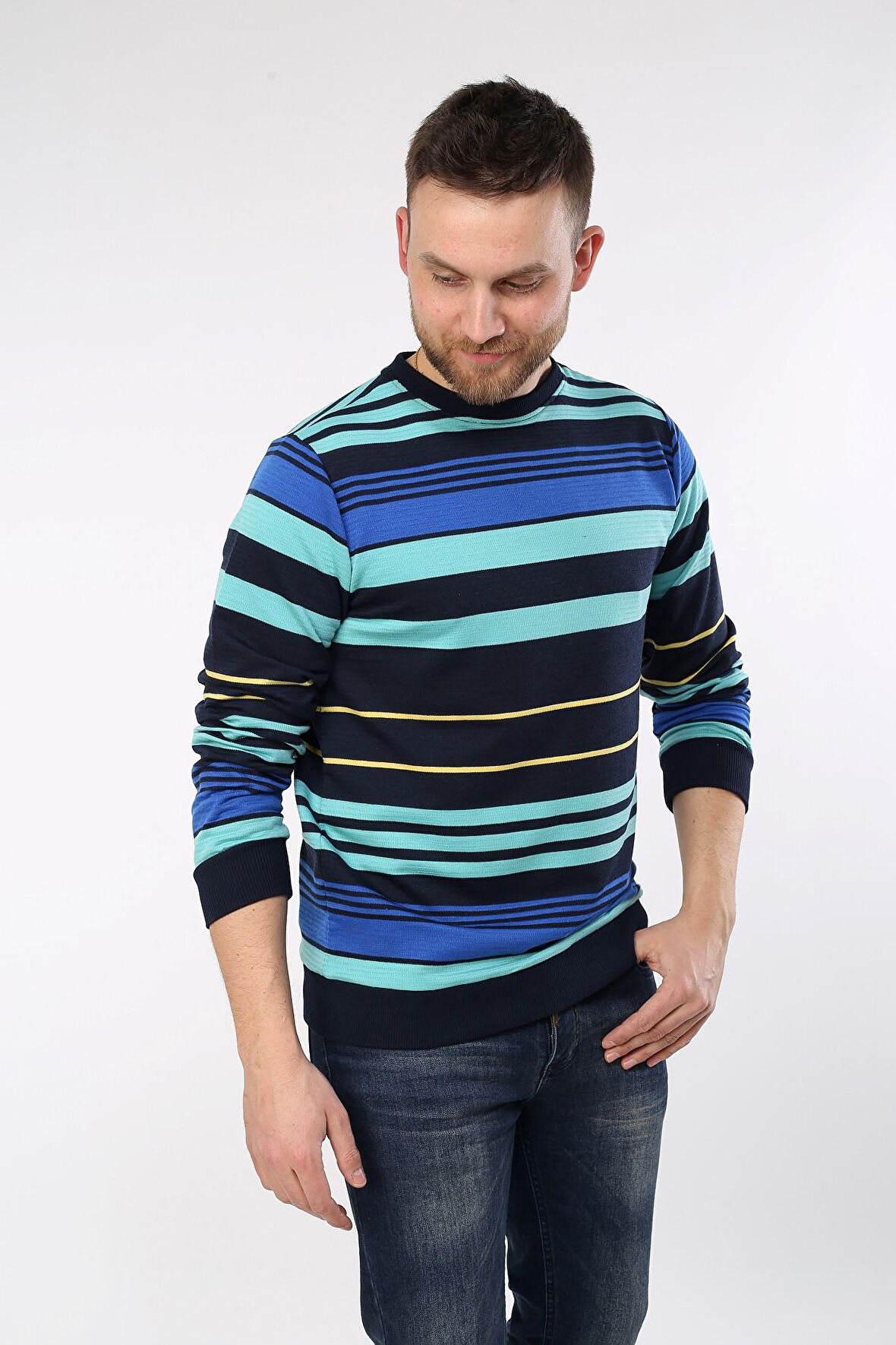 neslice Erkek Renkli Basıc Yaka Sweatshirt L-LACİVERT