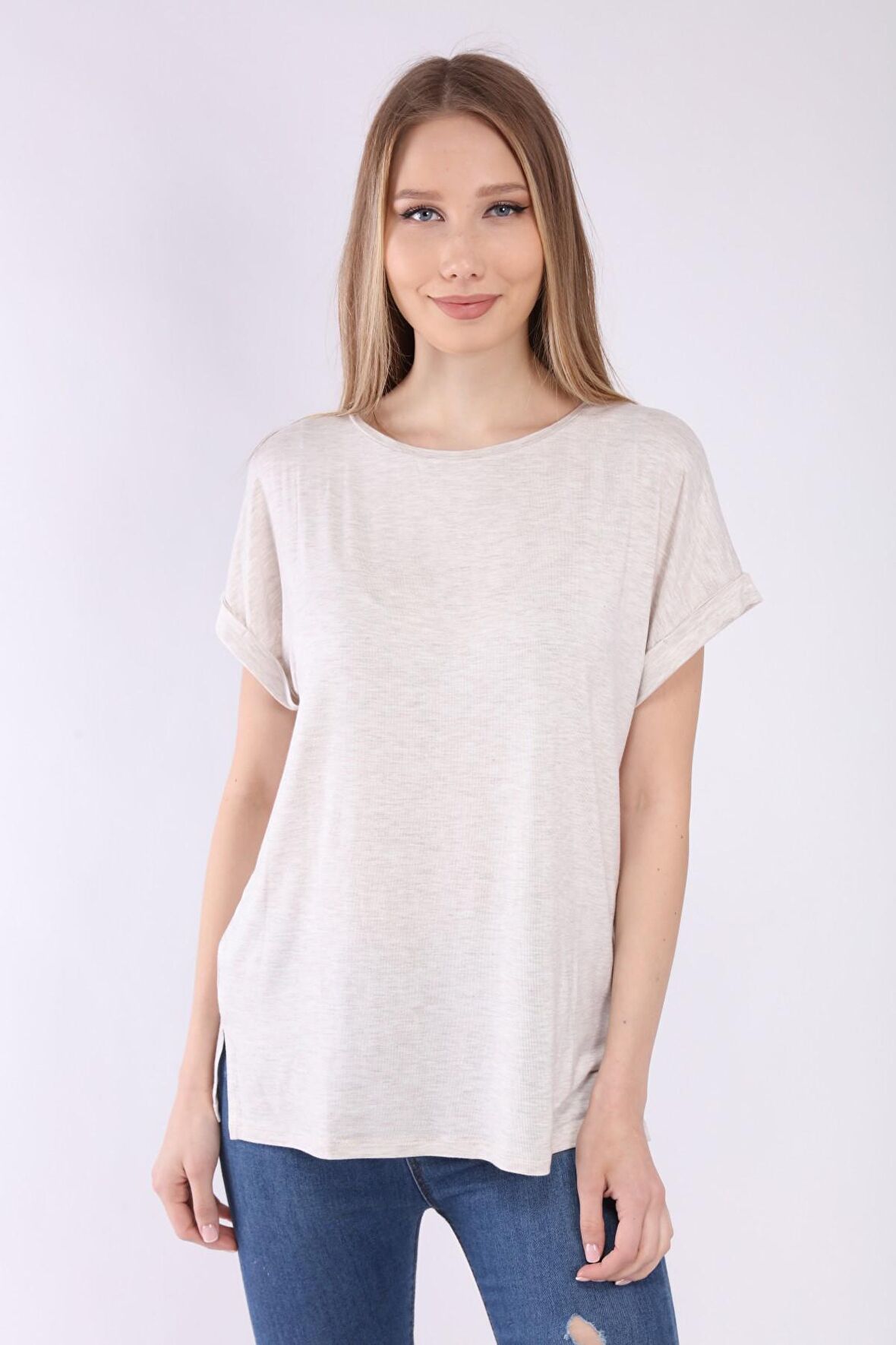 neslice Kadın Oversize Basıc Yaka Kısa Kol T-shirt L-EKRU