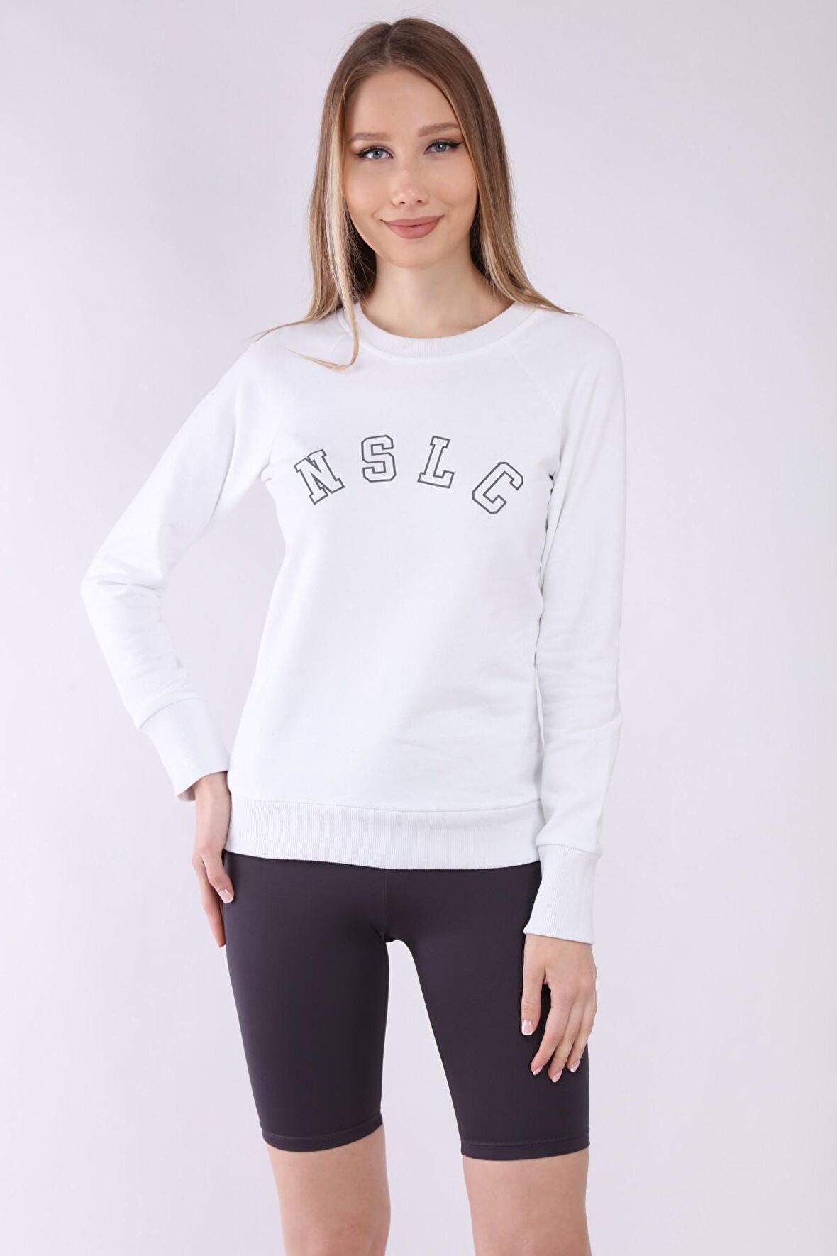 neslice Kadın Reglan Kol Basic Yaka Sweatshirt M-BEYAZ