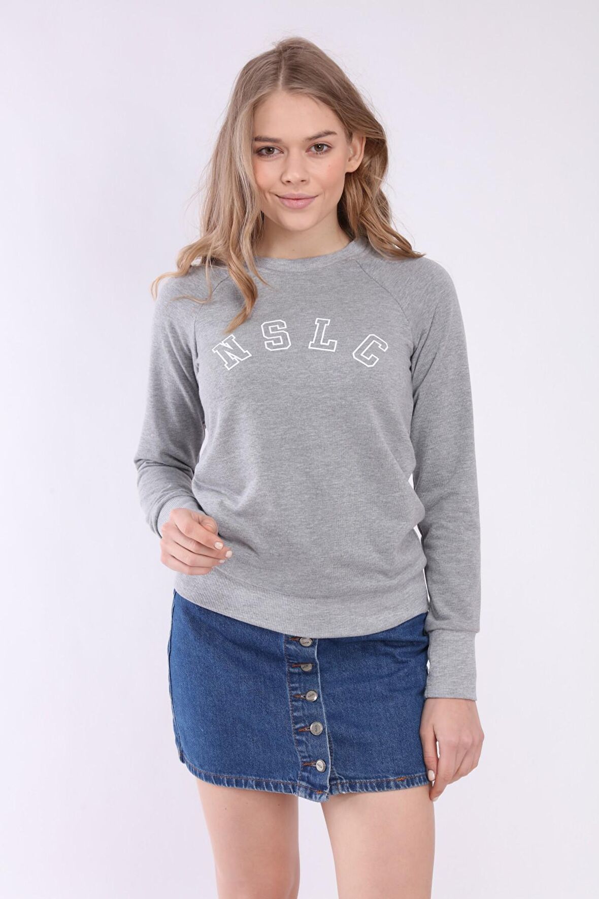 neslice Kadın Reglan Kol Basic Yaka Sweatshirt M-GRİMELANJ