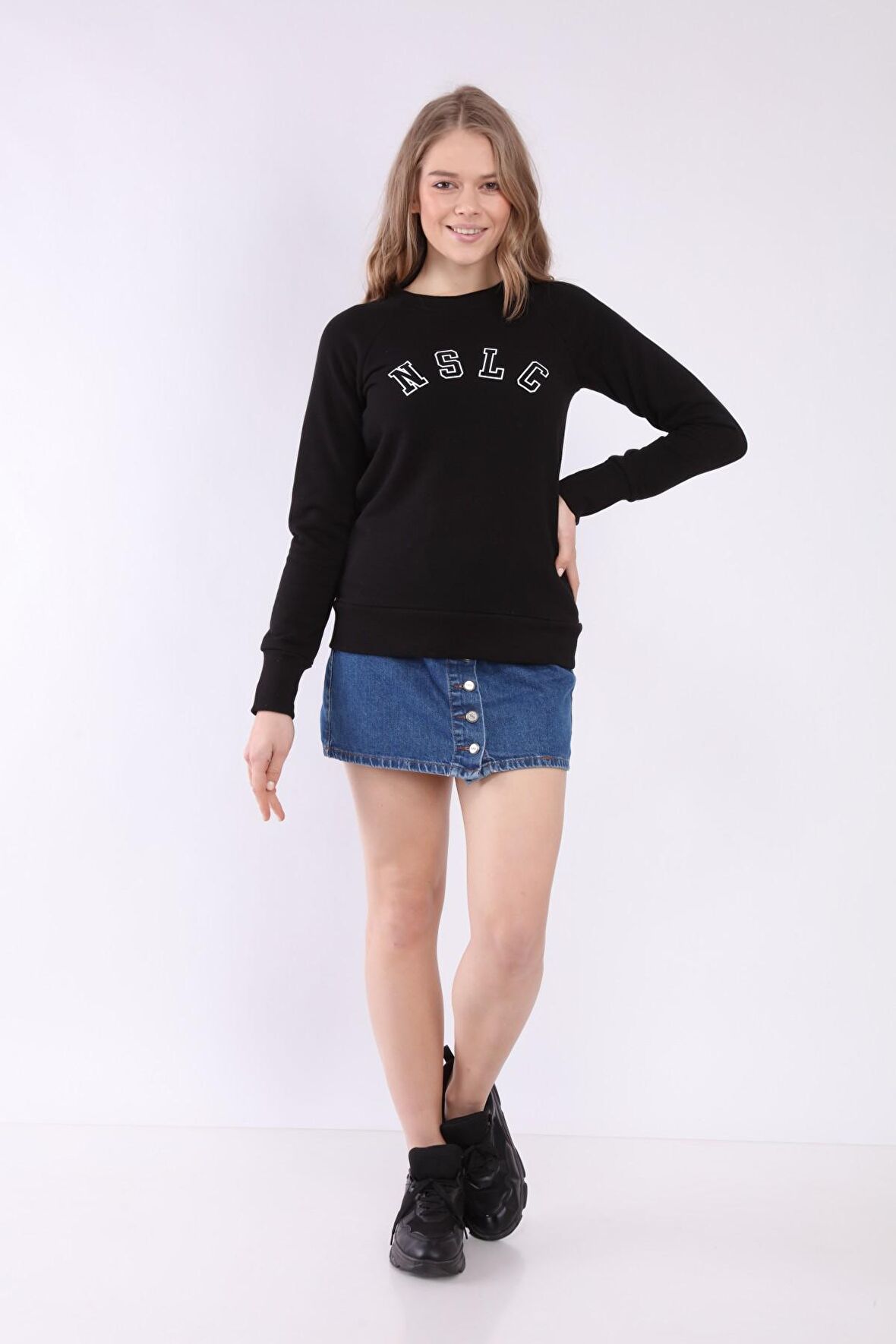 neslice Kadın Reglan Kol Basic Yaka Sweatshirt S-SİYAH