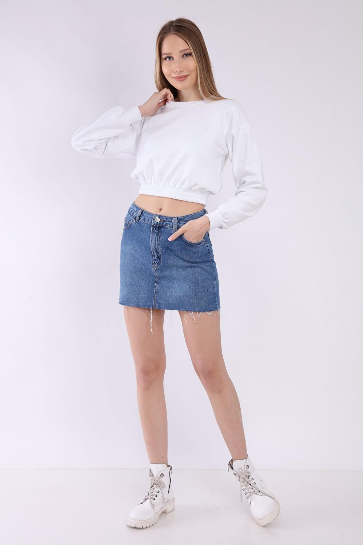 neslice Kadın Crop Basic Sweatshirt S-BEYAZ