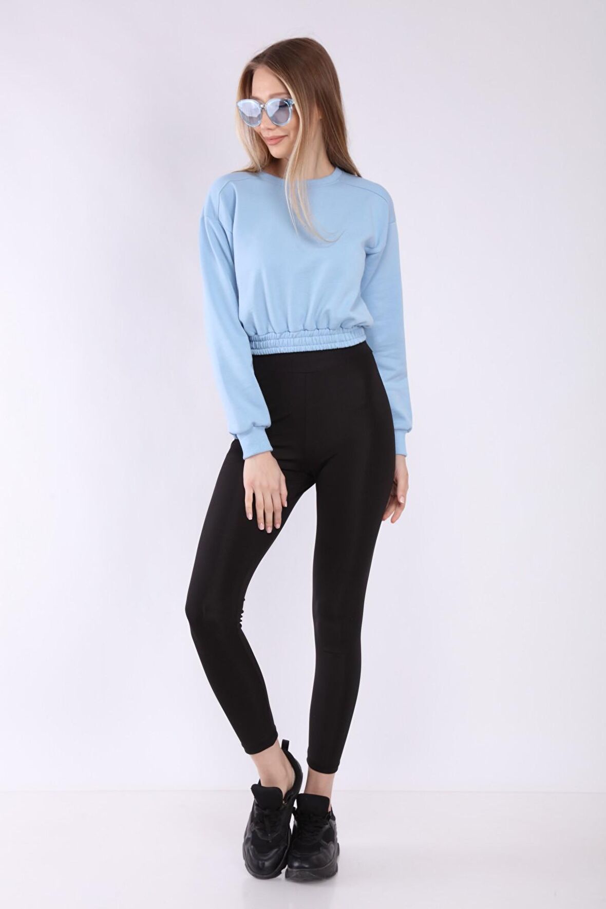 neslice Kadın Crop Basic Sweatshirt S-MAVİ