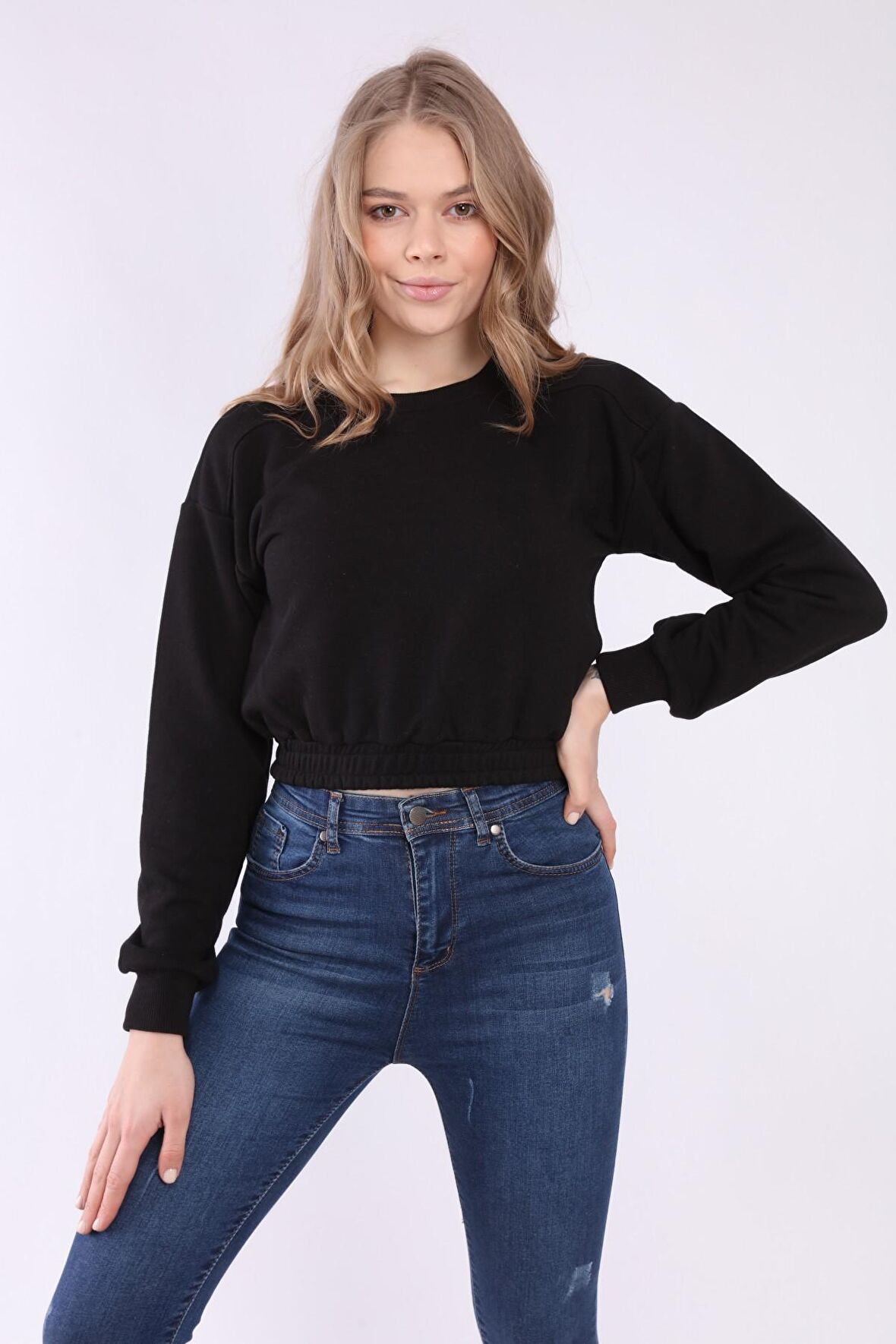 neslice Kadın Crop Basic Sweatshirt L-SİYAH
