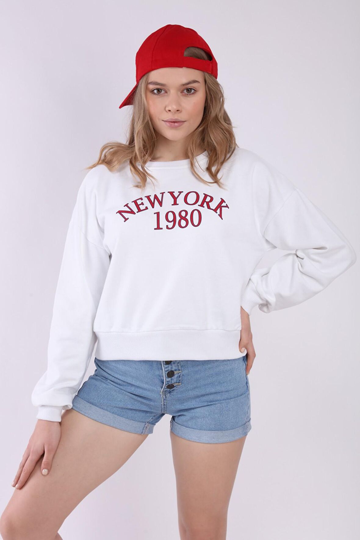 neslice Kadın Bacıs Baskılı Sweatshirt M-BEYAZ