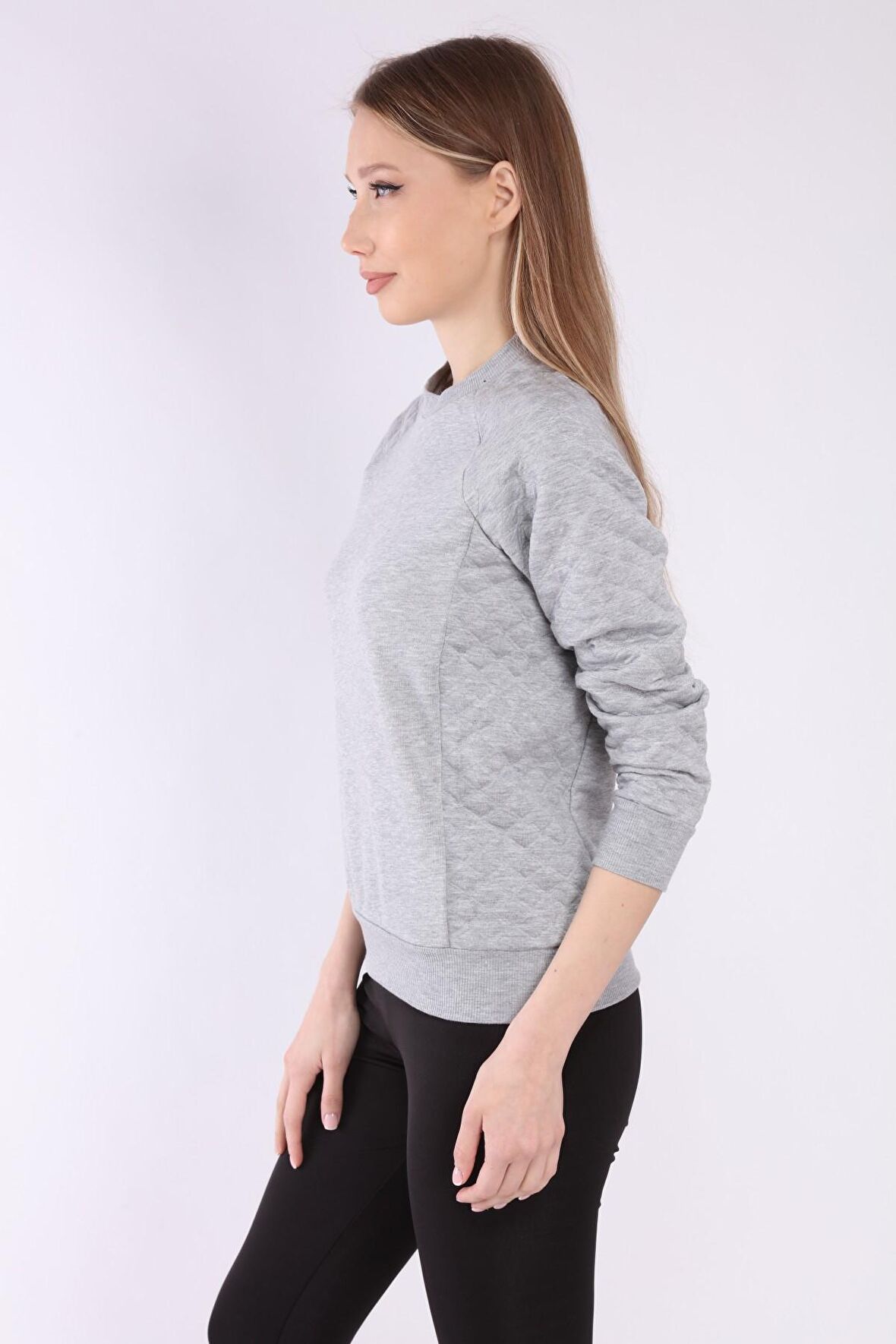 neslice Kadın Kollar Kapitone Detaylı Basıc Sweatshirt  S-GRİMELANJ