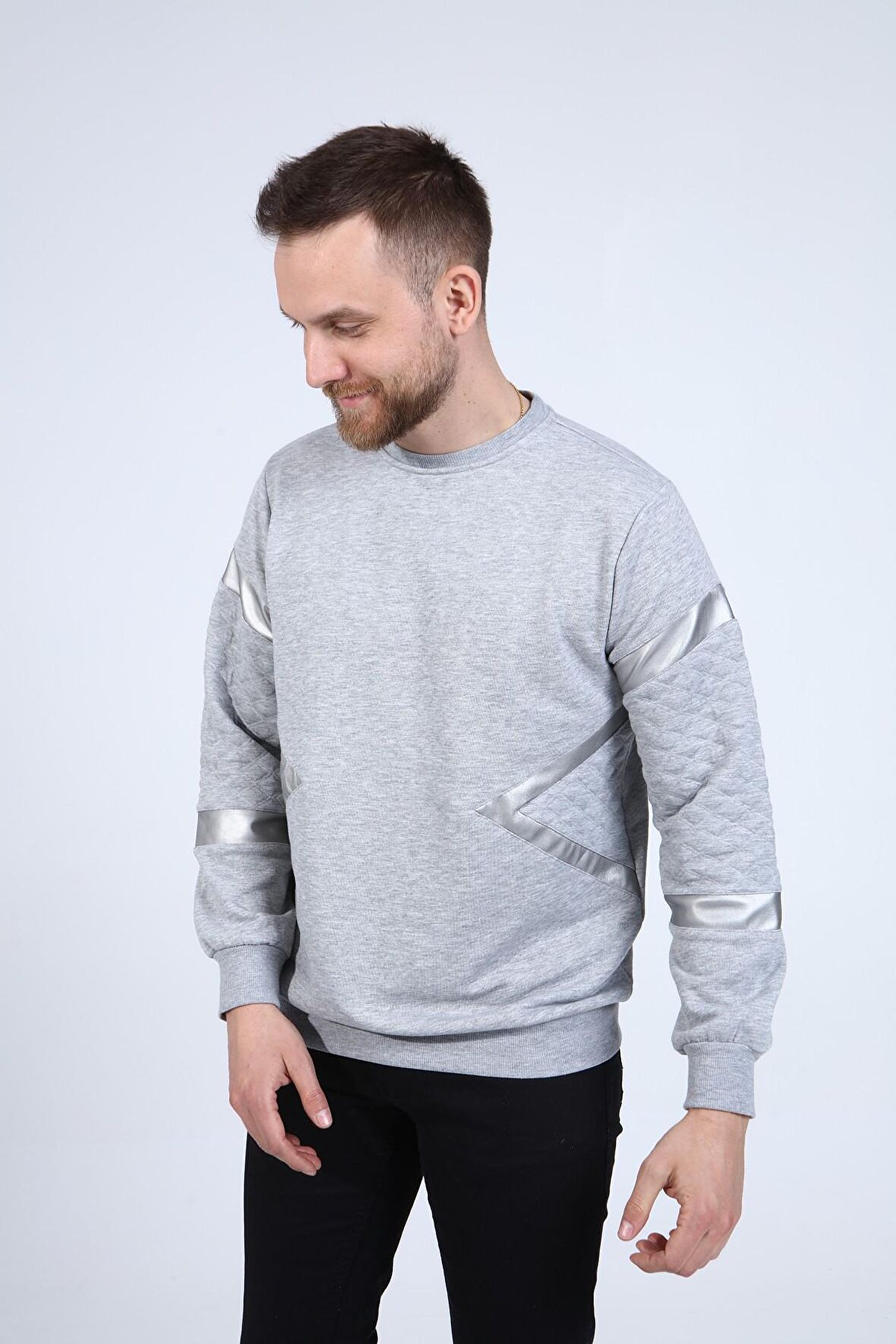 neslice Erkek Deri ve Kapitone Detaylı Slim Fit Sweatshirt XL-GRİ