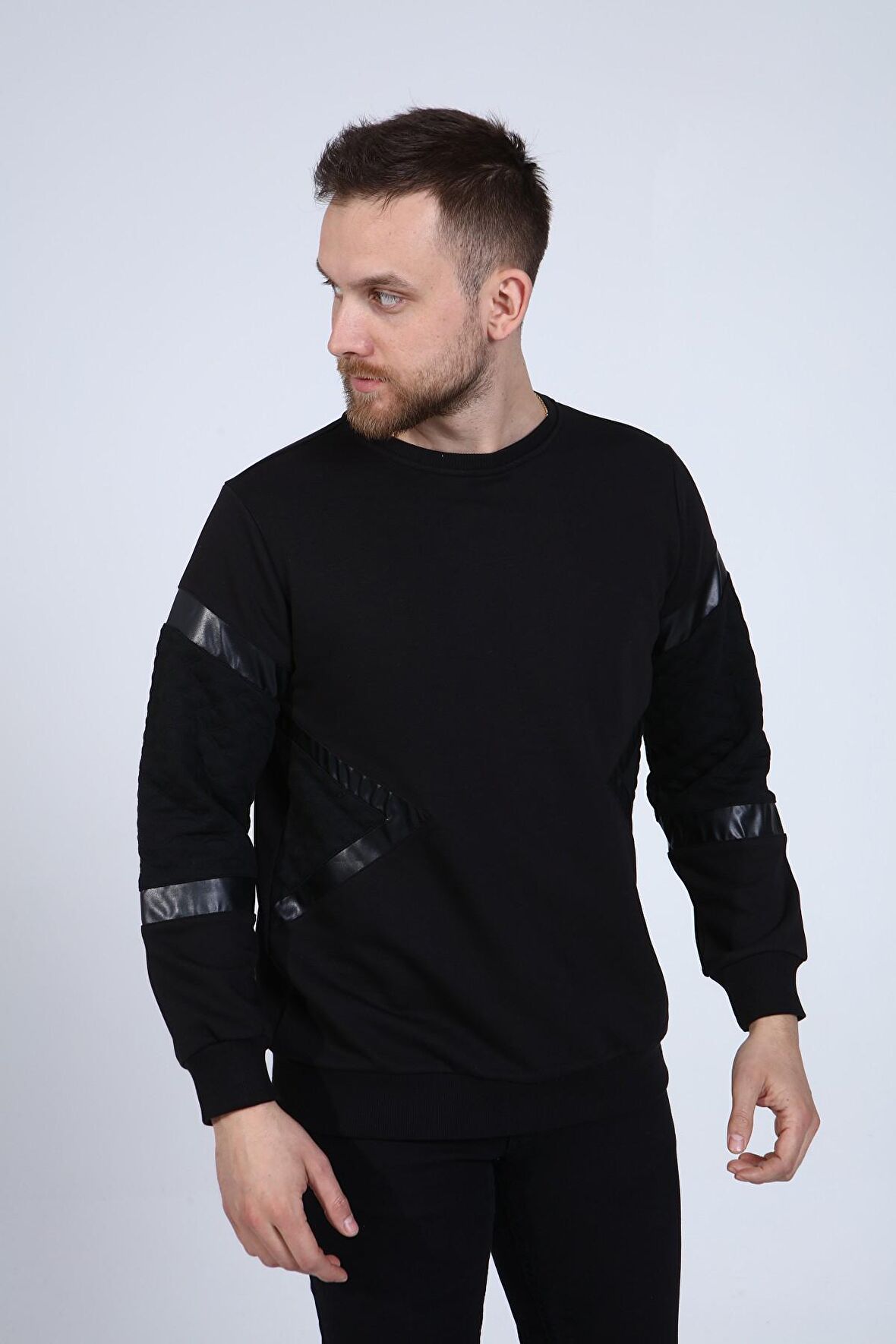 neslice Erkek Deri ve Kapitone Detaylı Slim Fit Sweatshirt L-SİYAH