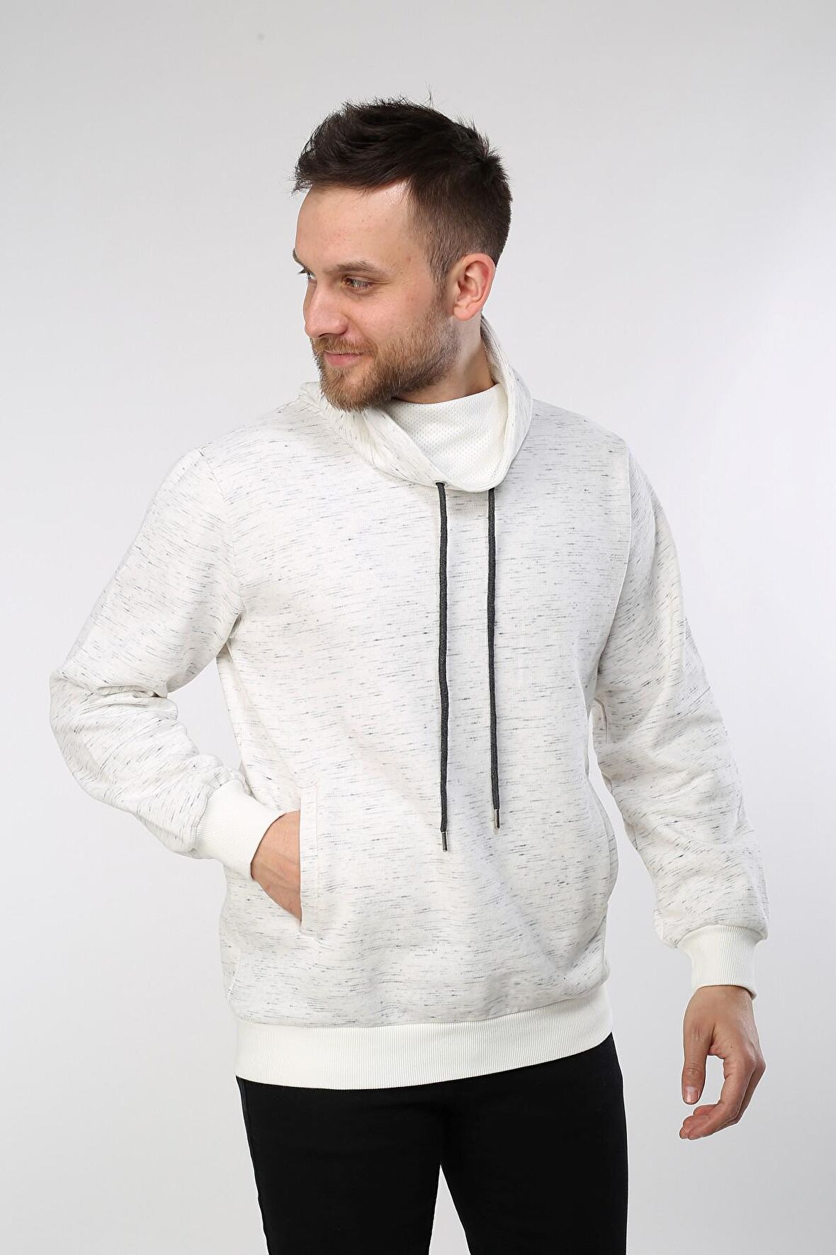 neslice Erkek İnject Ecru File Detaylı Balıkçı Yaka Sweatshirt  L-ECRU