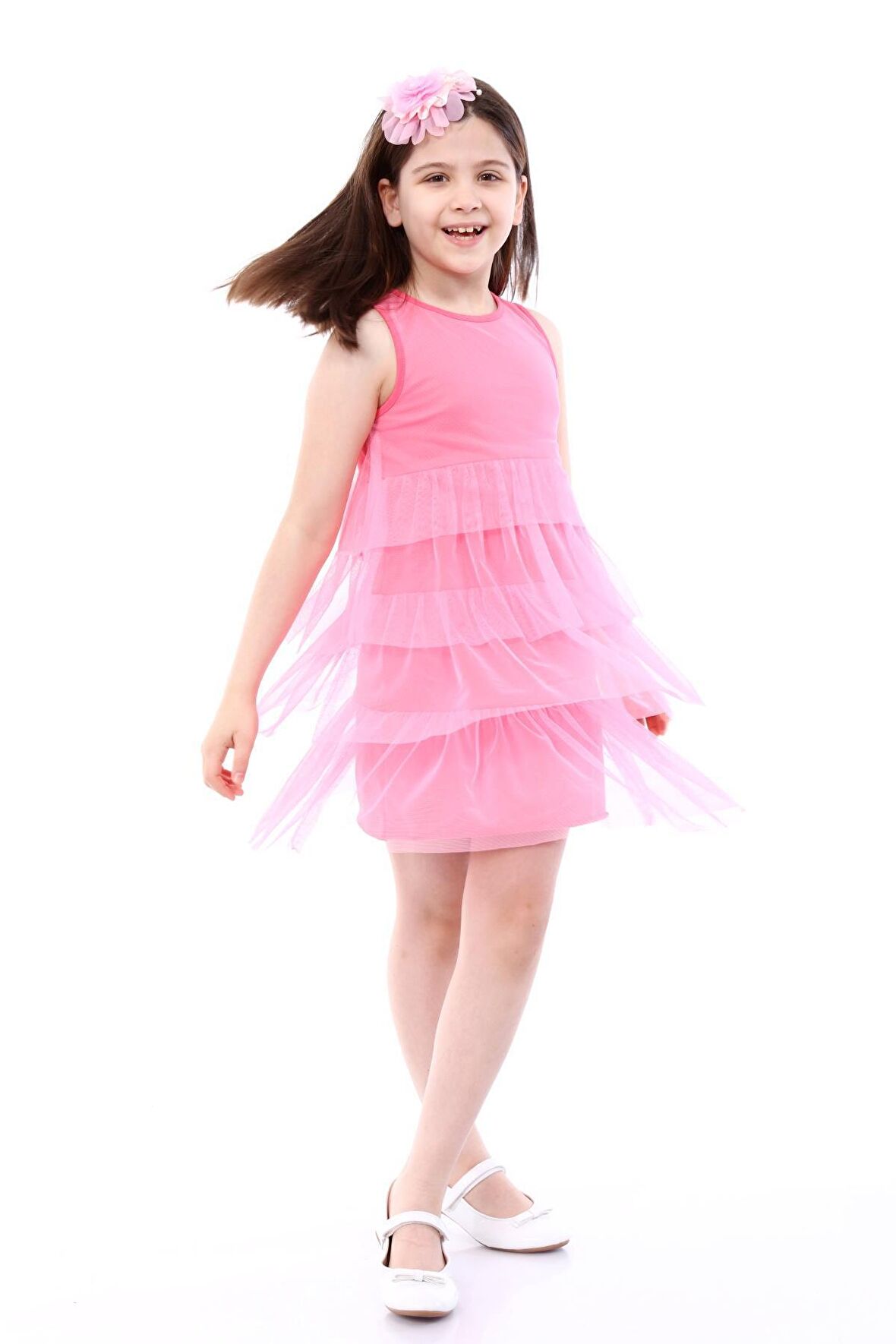 neslice Kız Çocuk 3 Katlı Tüllü Elbise PEMBE-5-6 Yaş