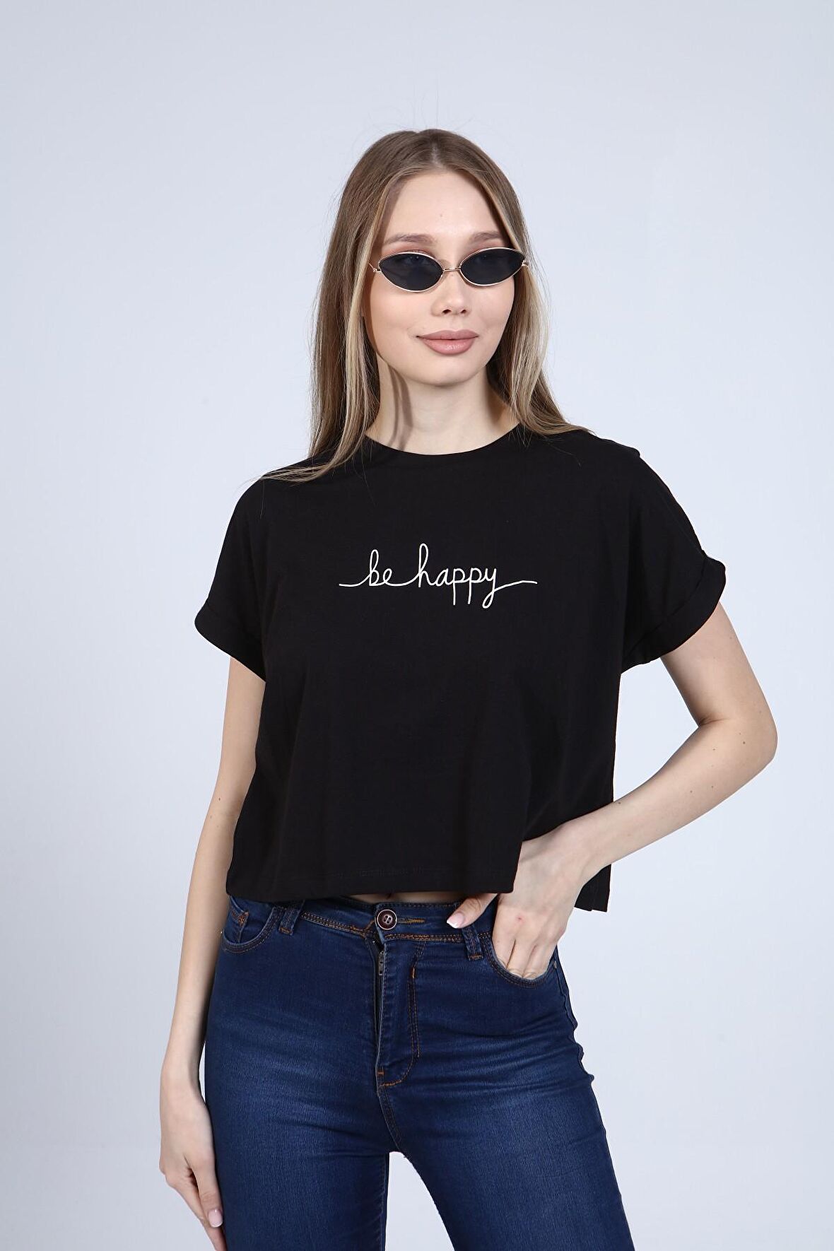 neslice Kadın Oversize Crop T-Shirt M-SİYAH