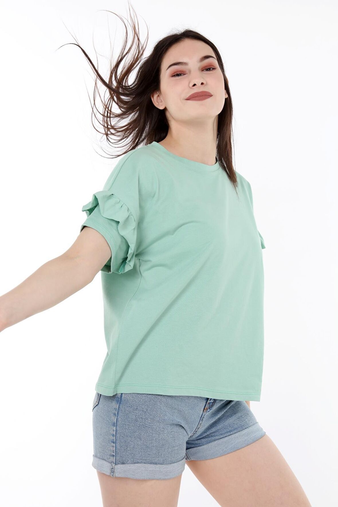 neslice Kadın Omuzdan Fırfırlı  T-shirt M-YESIL