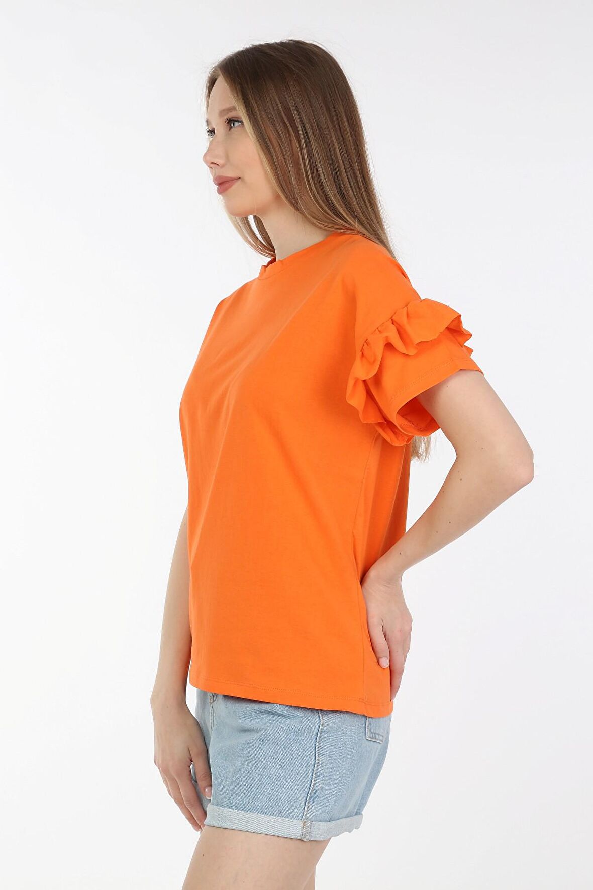 neslice Kadın Omuzdan Fırfırlı  T-shirt L-TURUNCU