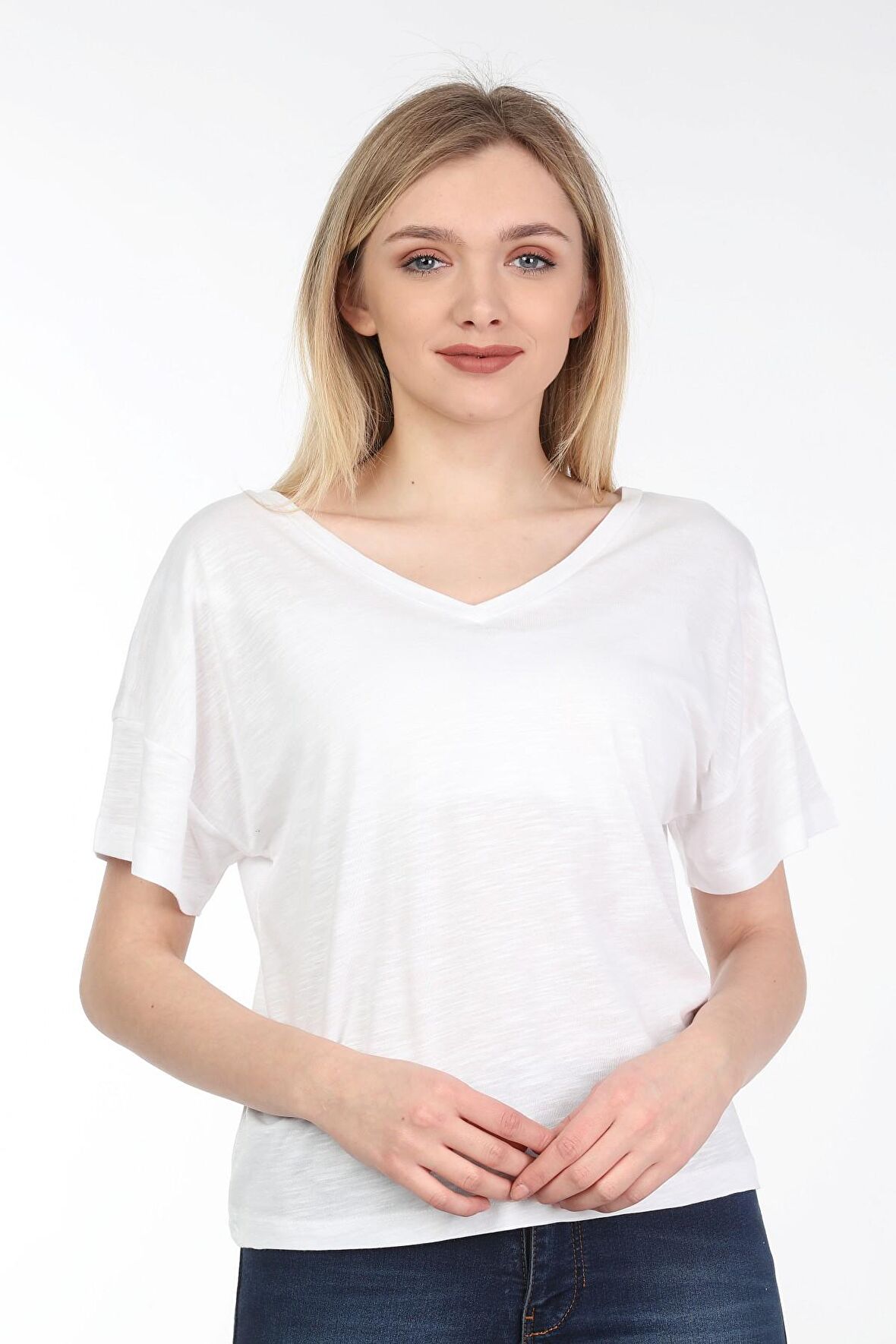 neslice Kadın Oversize Çift Taraf V Yaka T-Shirt L-BEYAZ