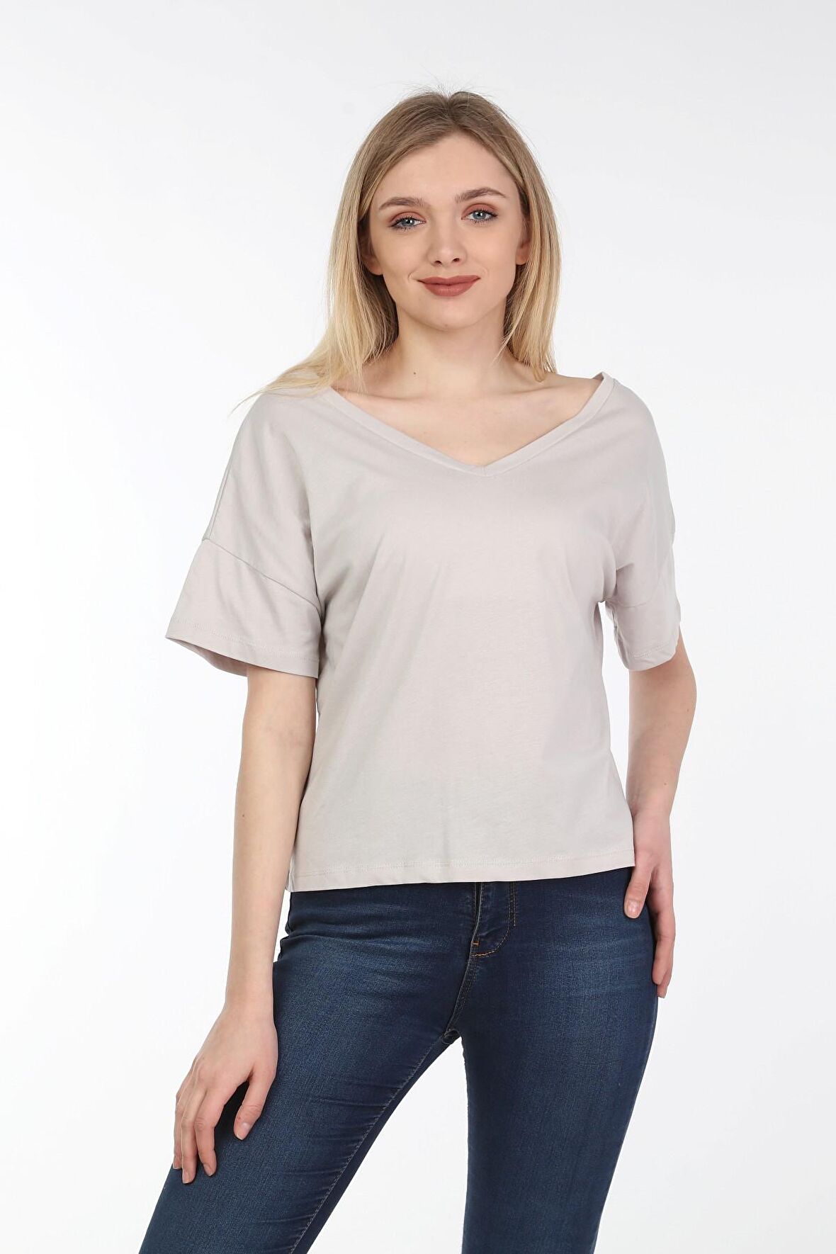 neslice Kadın Oversize Çift Taraf V Yaka T-Shirt M-EKRU