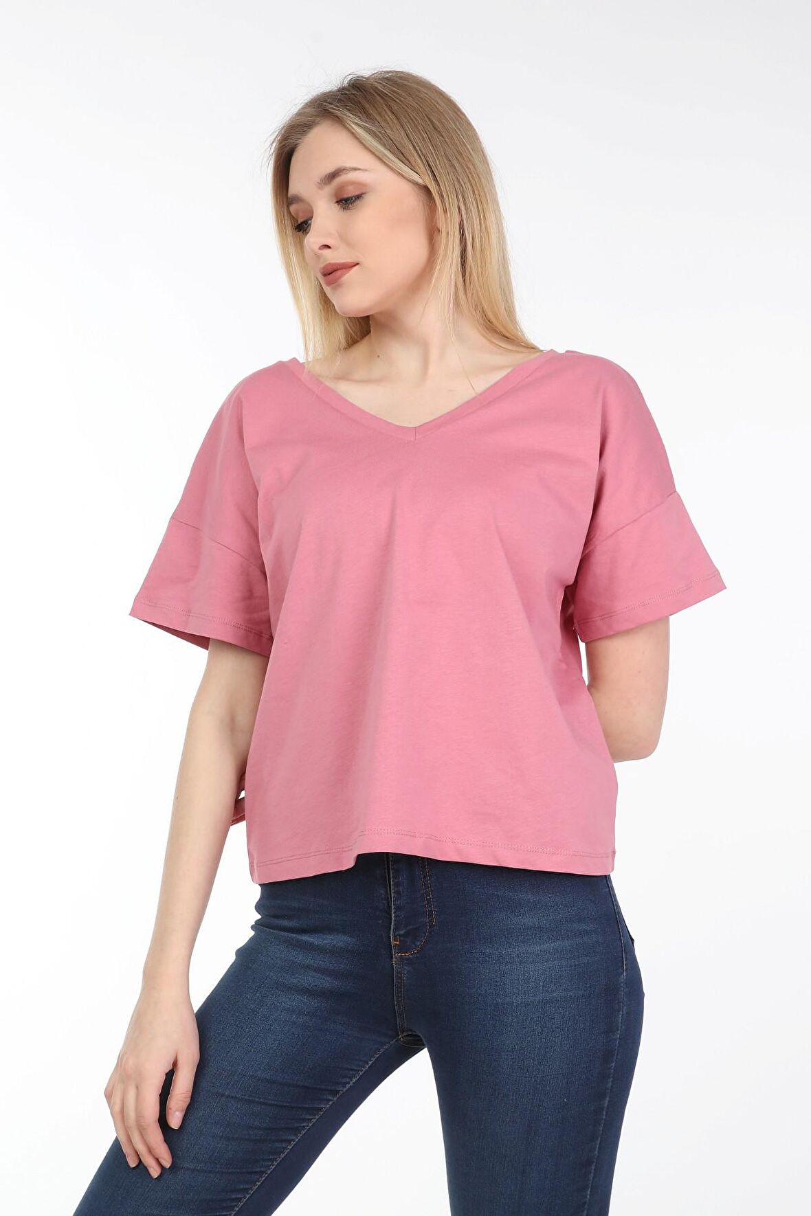 neslice Kadın Oversize Çift Taraf V Yaka T-Shirt L-PEMBE