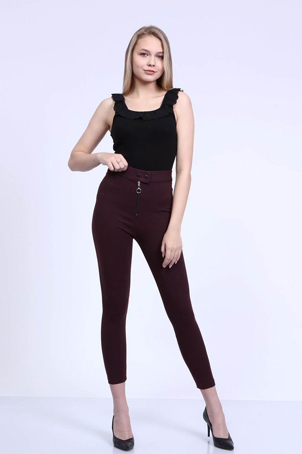 neslice Kadın Fermuarlı Pantolon S-BORDO