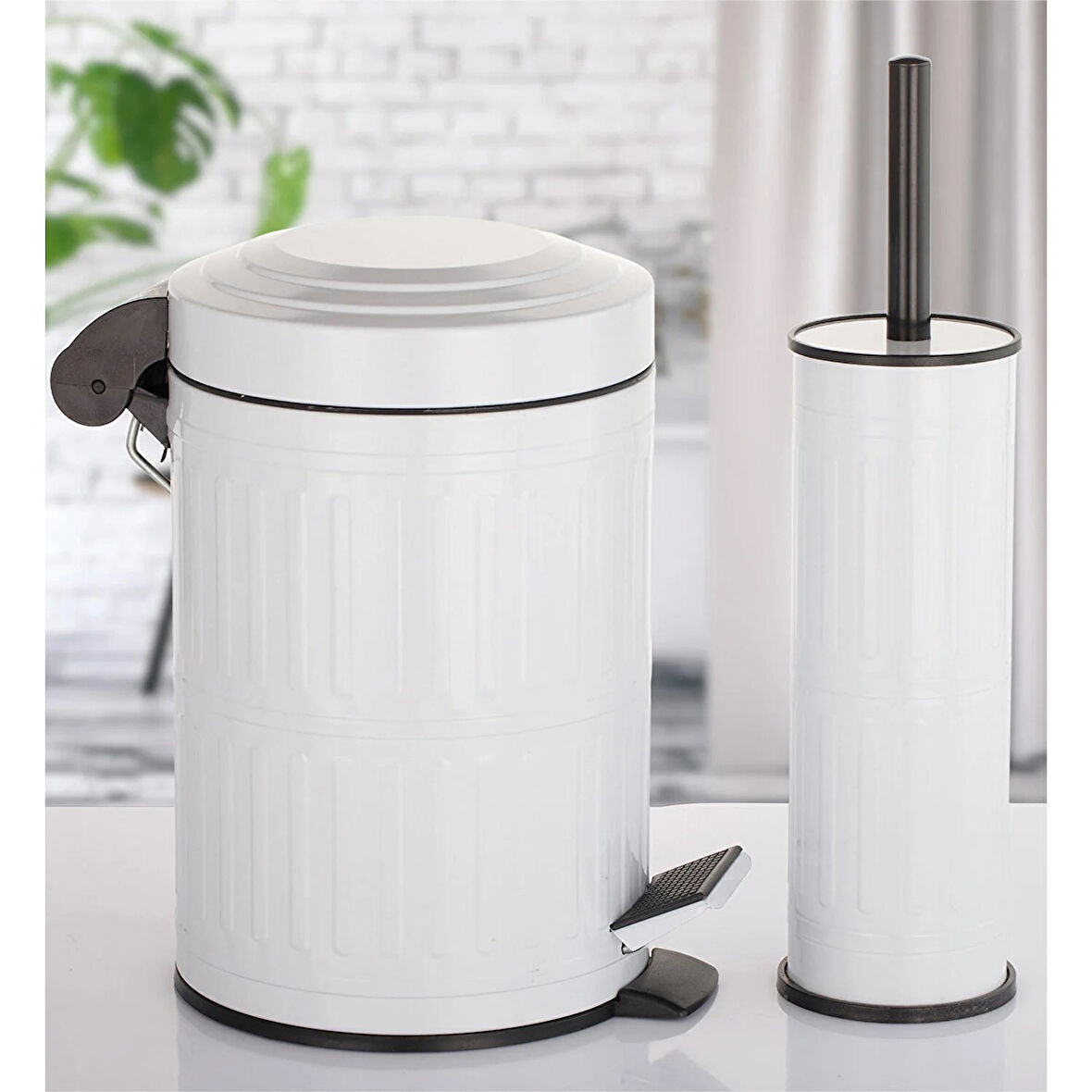 Pedallı Çöp Kovası Tuvalet Wc Fırçası Banyo Çöp Kovası 2'li Banyo Seti 5 Litre Beyaz Vintage     