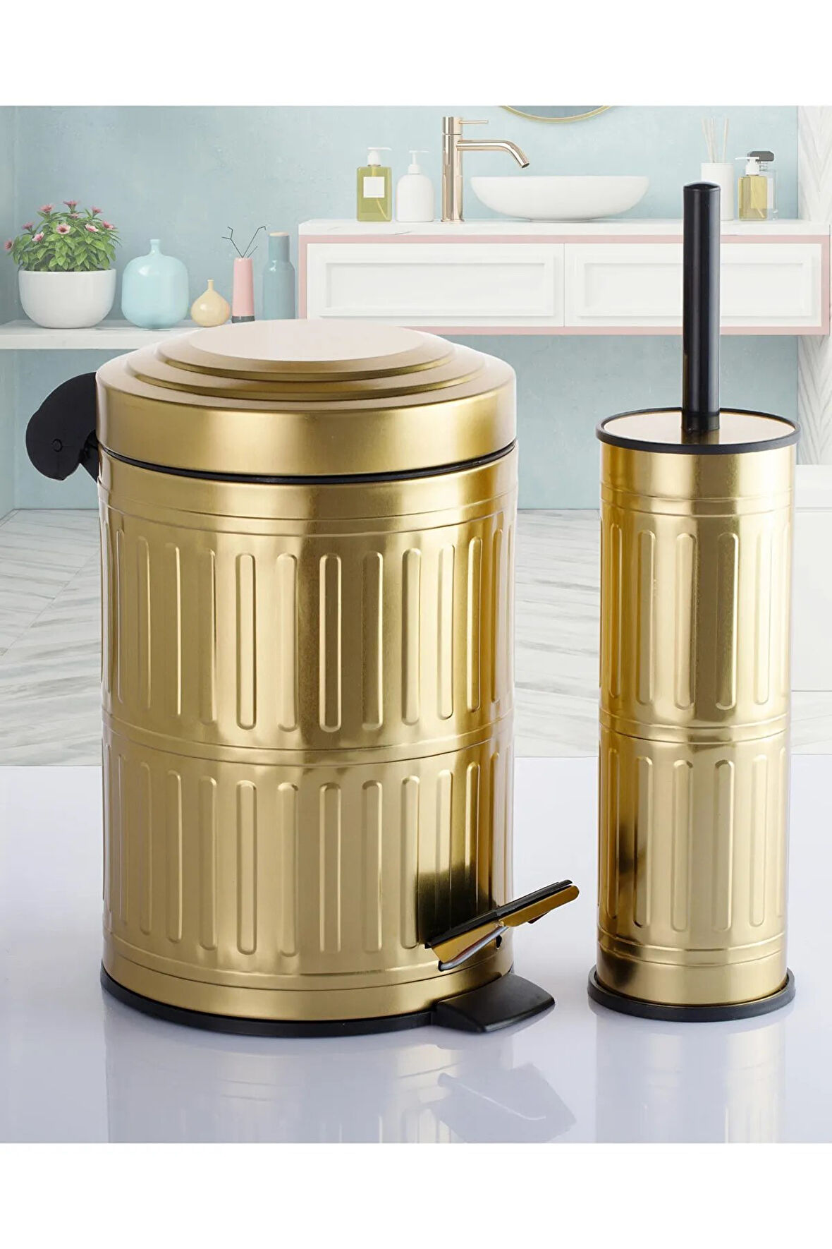 Pedallı Çöp Kovası Tuvalet Wc Fırçası Banyo Çöp Kovası 2li Banyo Seti 5 Litre Gold Vintage