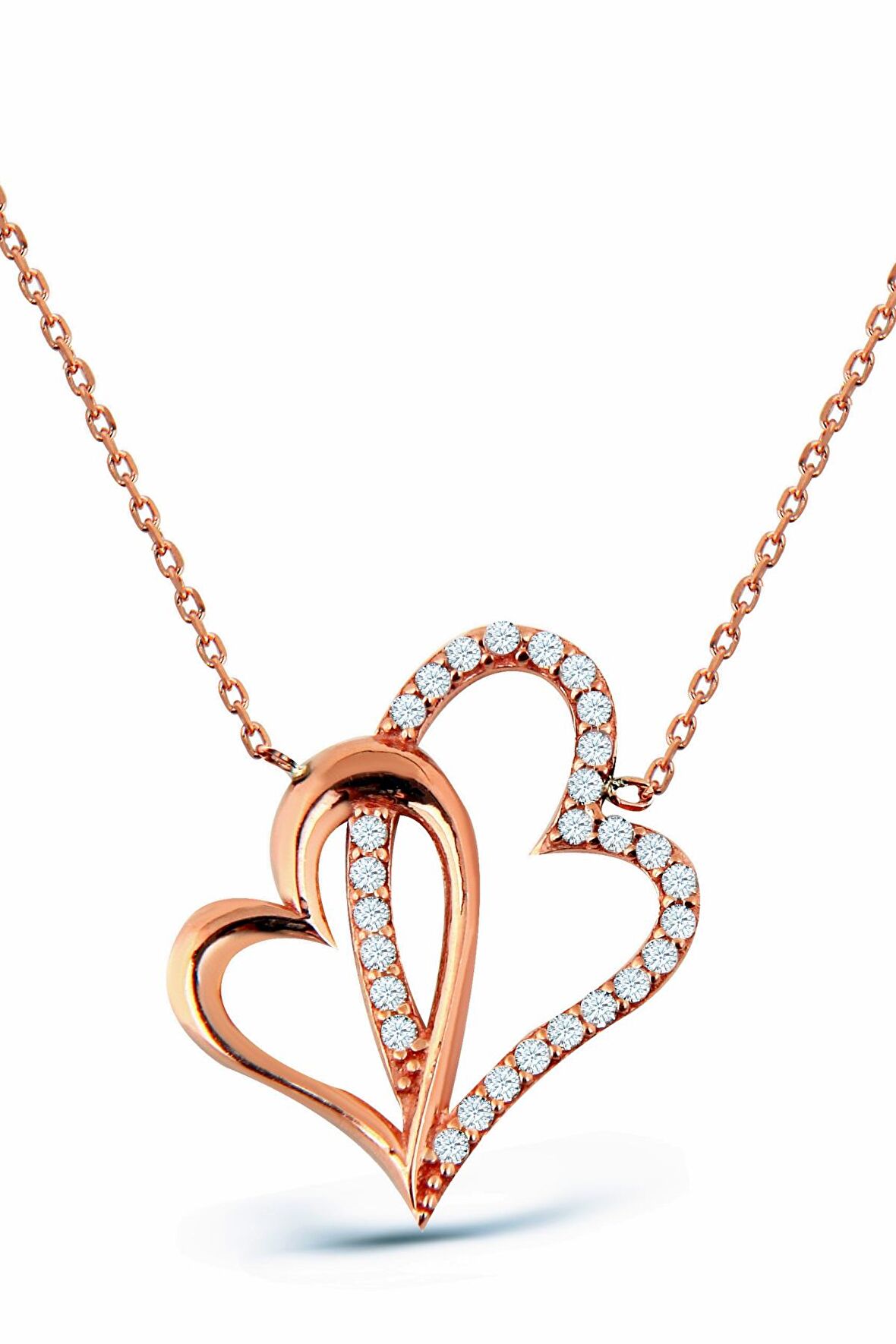 Zirkon Taşlı Rose 925 Ayar Gümüş Kalplerin Birlikteliği Kolye - N108601