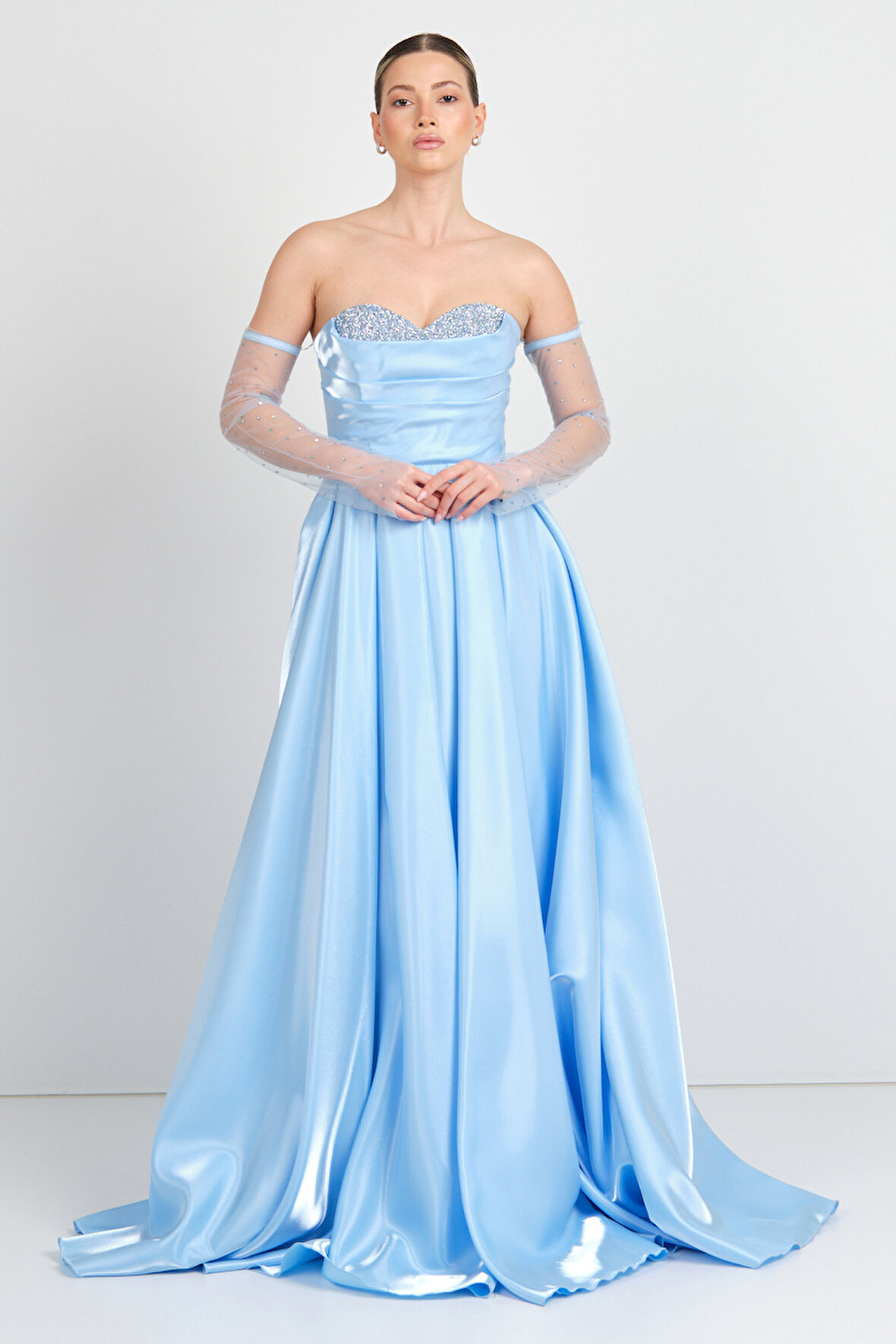 Renk Kadın Straplez Seyyar Kol Detaylı Maxi Abiye Elbise 5089 Bebe Mavisi